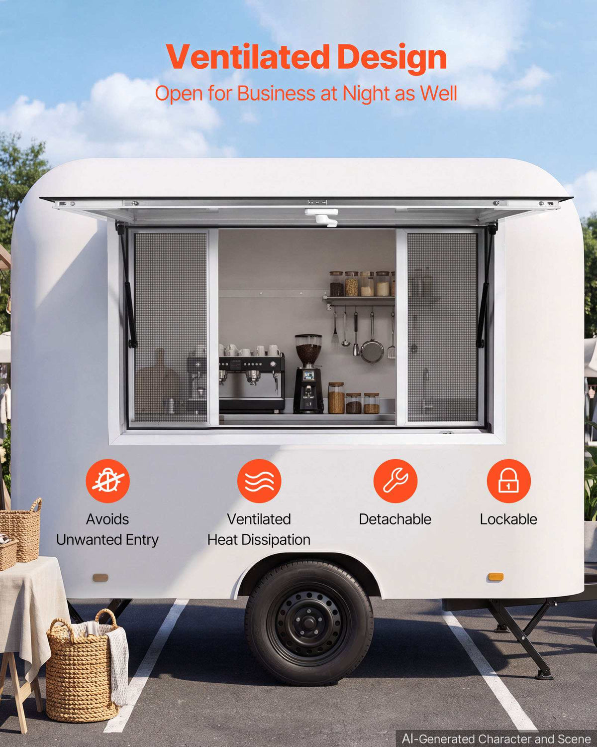Concession Window 60x36 in Aluminum Alloy Frame Service Window, for Food Truck, Up to 85 Degrees Stand Serving with 4 Sliding Screen Windows, Awning Door and Drag Hook, Rainwater Resistant