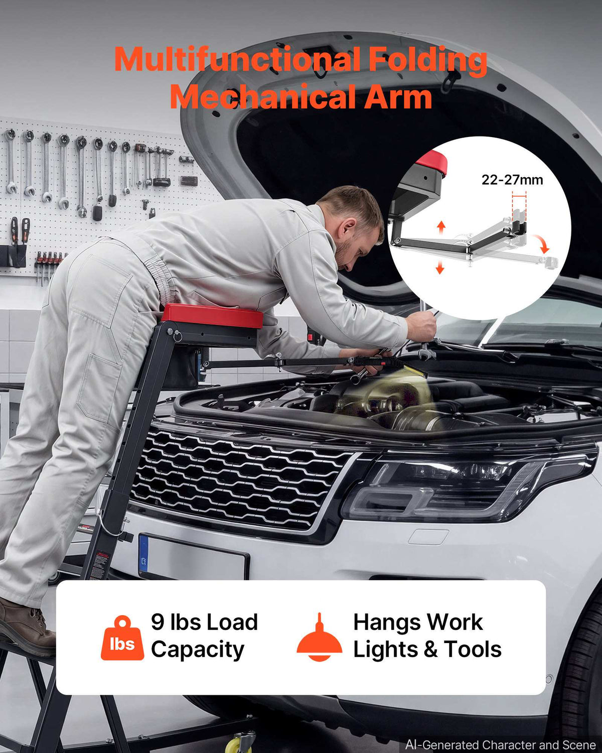 Top Automotive Creeper 48"-64" Adjustable with Folding Mechanical Arm, Foldable High Top Engine Creeper, 400LBS Heavy-Duty Support, Stable I-Shaped Base, 4-Wheel Smooth Rolling for Auto Repair