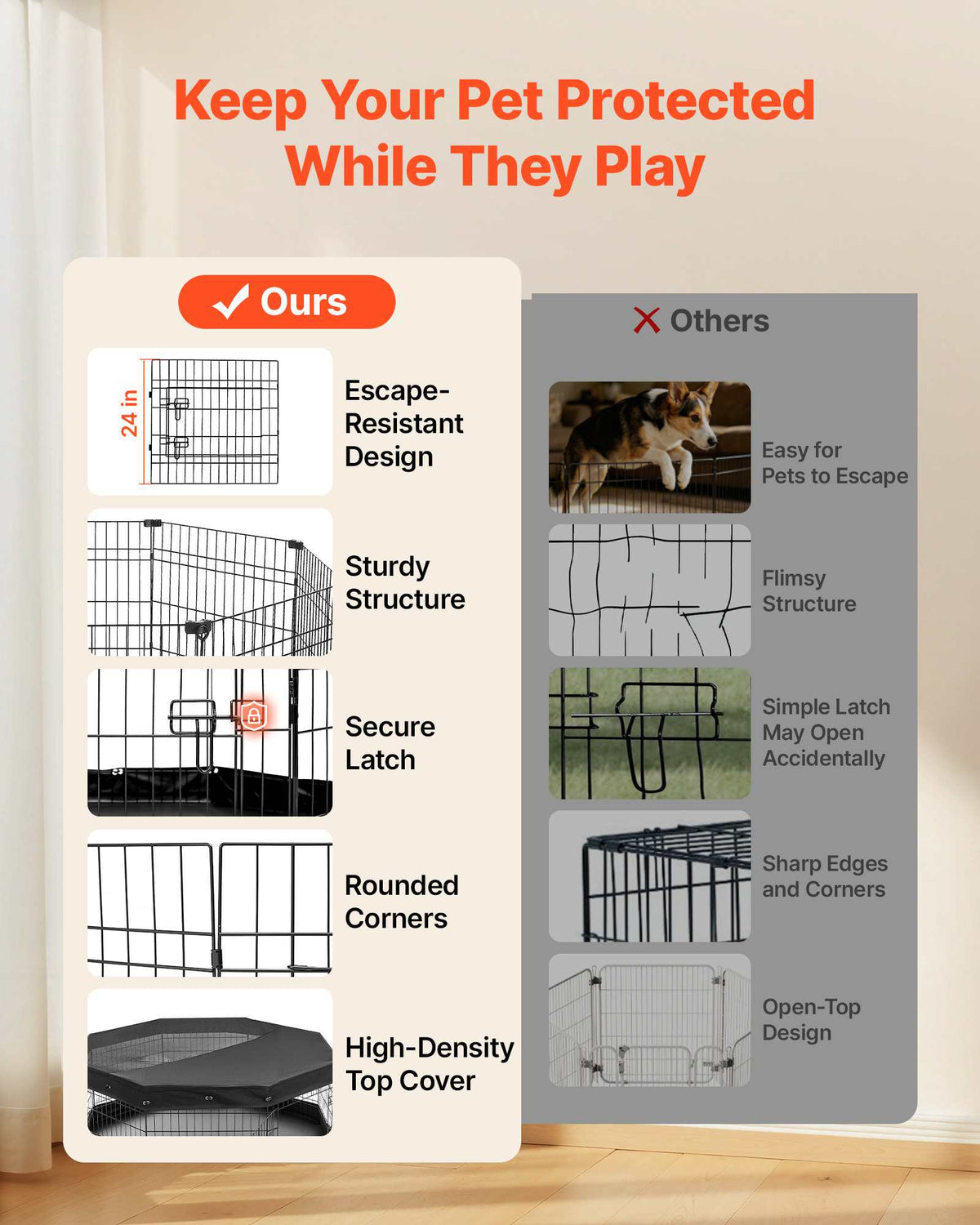 Dog Playpen 24 Inch 8 Panels Exercise Pen with Top Cover & Bottom Pad, Indoor Foldable Metal Pet Fence with Door, Heavy Duty Puppy Crate Kennel Pen for Dogs, Cats, and Other Small Animals, Black