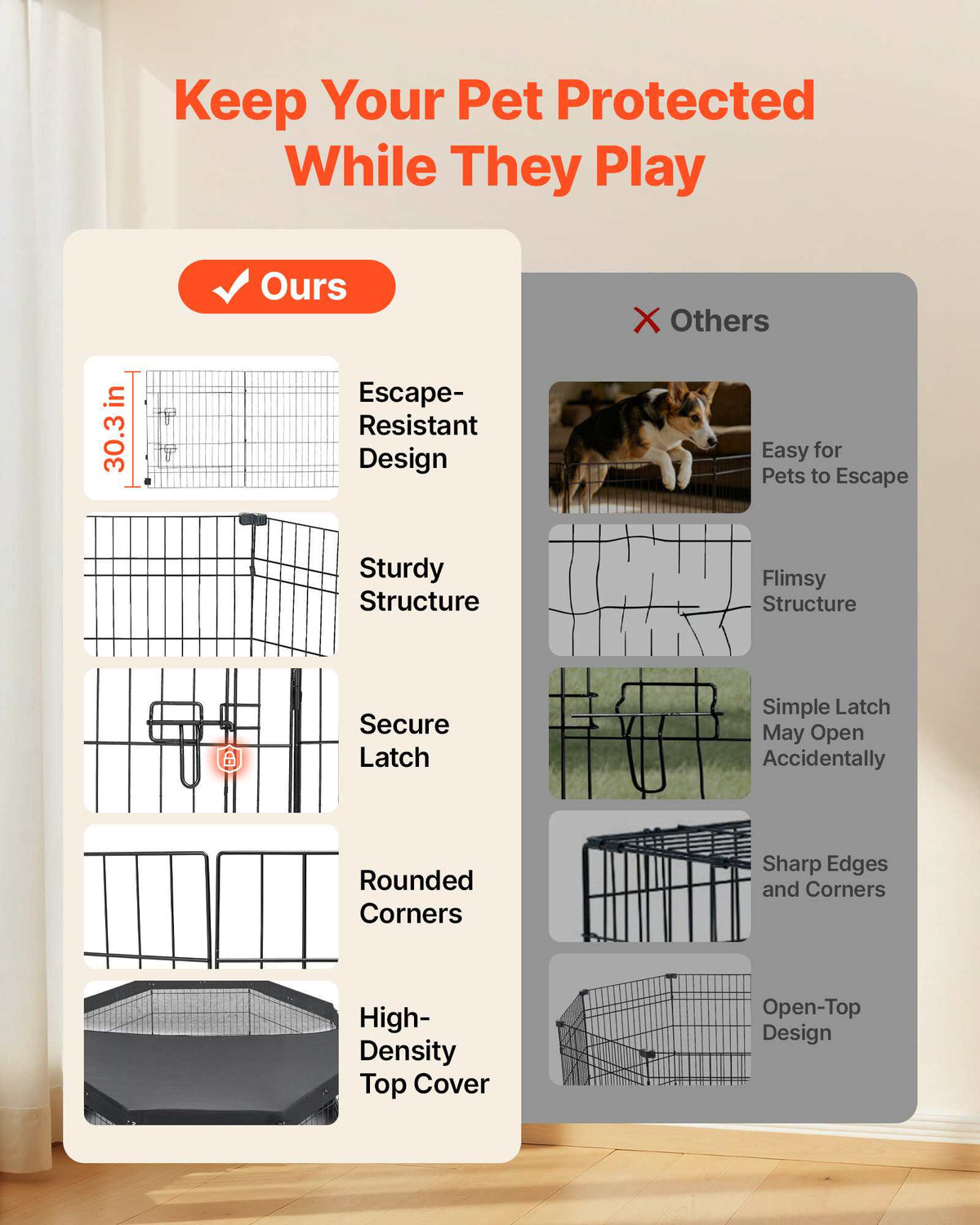 Dog Playpen 30 Inch 8 Panels Exercise Pen with Top Cover & Bottom Pad, Indoor Foldable Metal Pet Fence with Door, Heavy Duty Puppy Crate Kennel Pen for Dogs, Cats, and Other Small Animals, Black