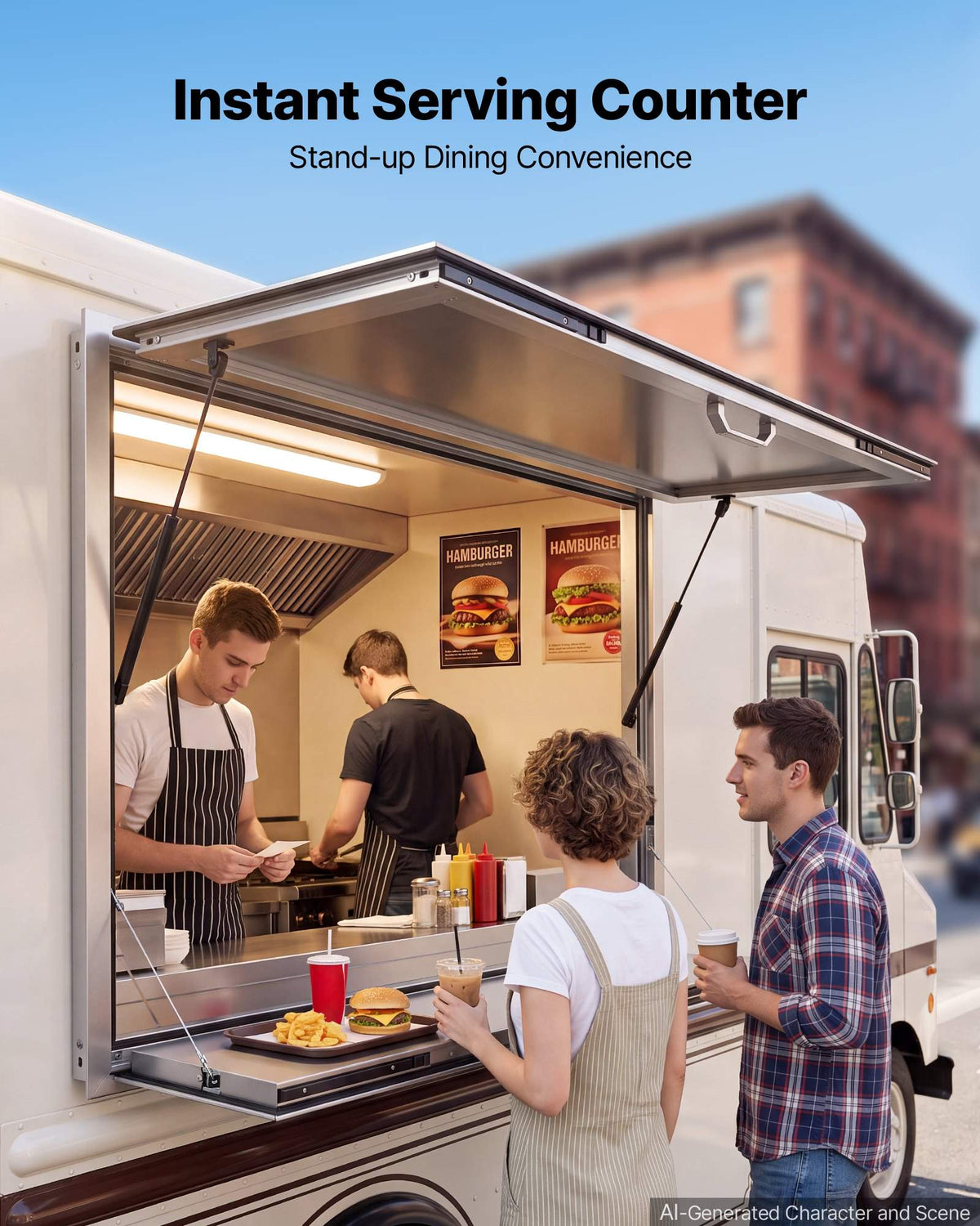 Concession Window Folding Shelf 48x36in Aluminum Alloy Service Window, for Food Truck, Up to 85 Degrees, with Awning Door and Drag Hook, Rainwater Resistant