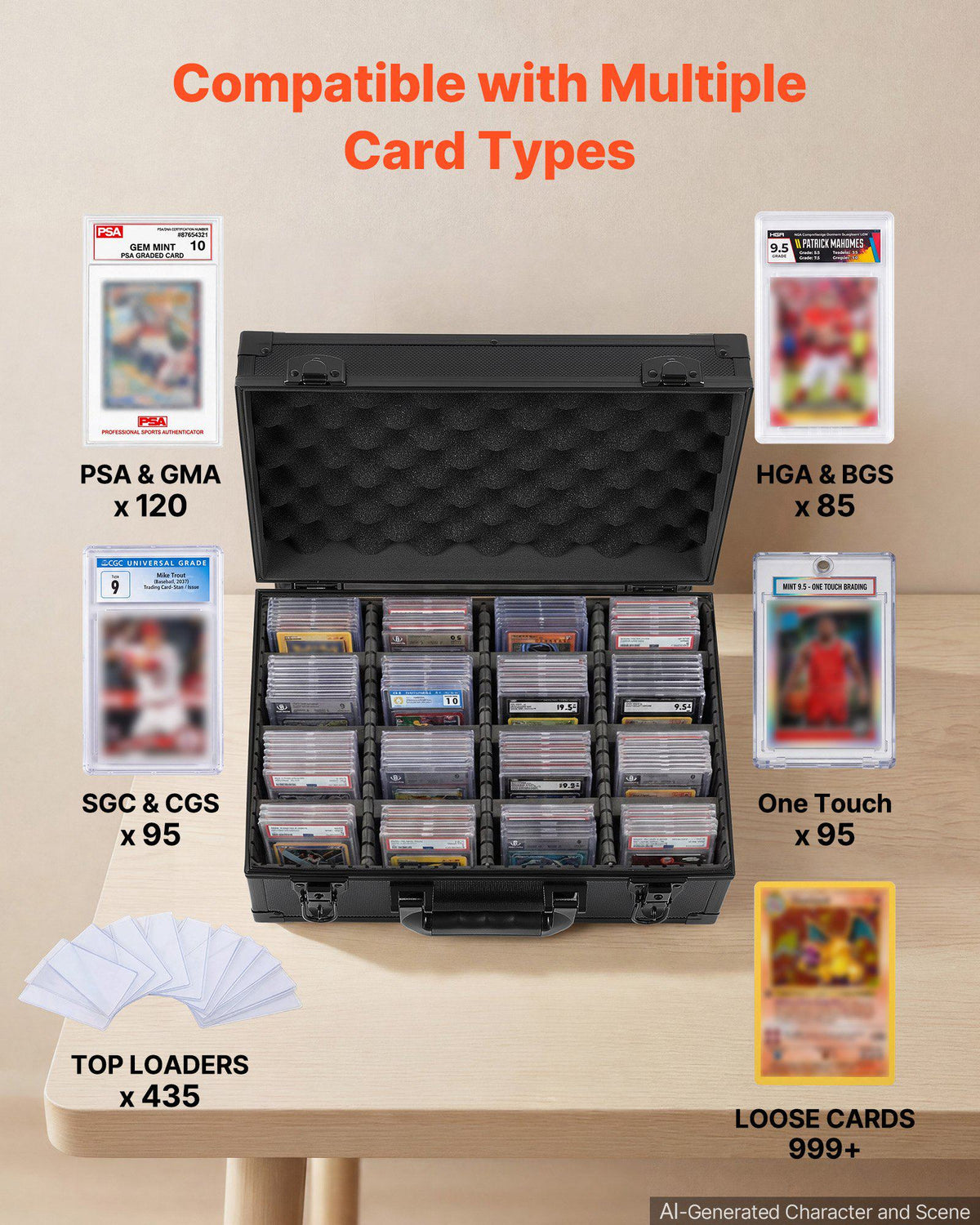 Graded Card Case 4 Row 120 PSA Slab Storage Box with Secure Lock, Baseball Sports Trading Cards Holder Collector with 12 Dividers, Key, Holds 95 SGC 85 BGS 435 Top Loaders & 999+ Loose Cards
