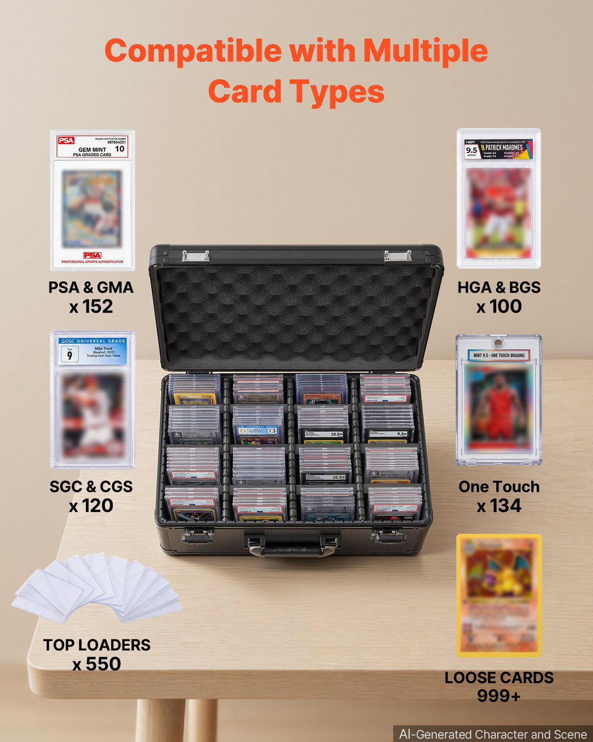 Graded Card Case 4 Row 152 PSA Slab Storage Box TSA Approved Lock, Baseball Sports Trading Cards Holder Collector, with 12 Dividers, Holds 120 SGC 100 BGS 550 Top Loaders & 999+ Loose Cards