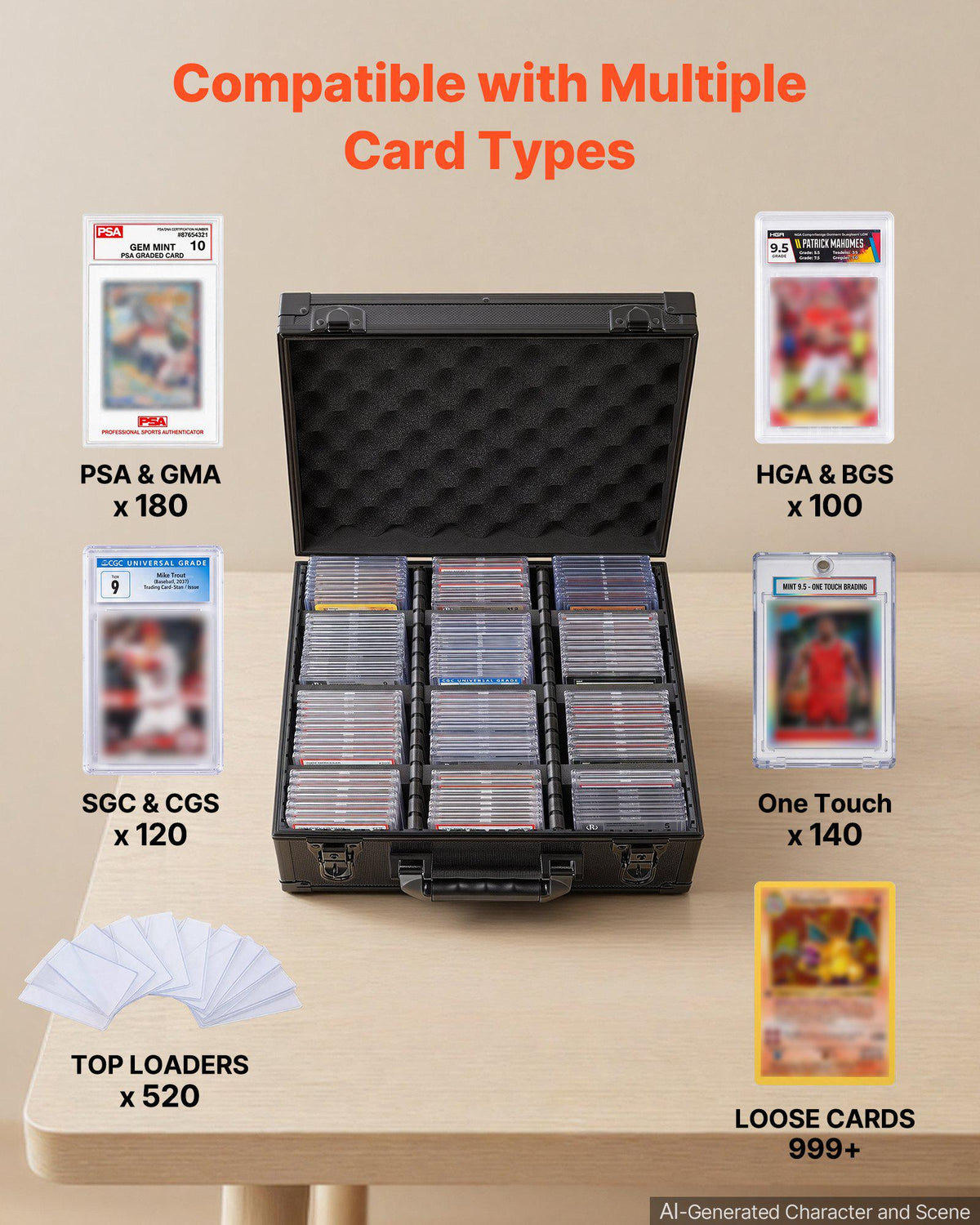 Graded Card Case 3 Row 180 PSA Slab Storage Box with Mechanical Lock, Baseball Sports Trading Cards Holder Collector with 12 Dividers, Holds 120 SGC 100 BGS 520 Top Loaders & 999+ Loose Cards