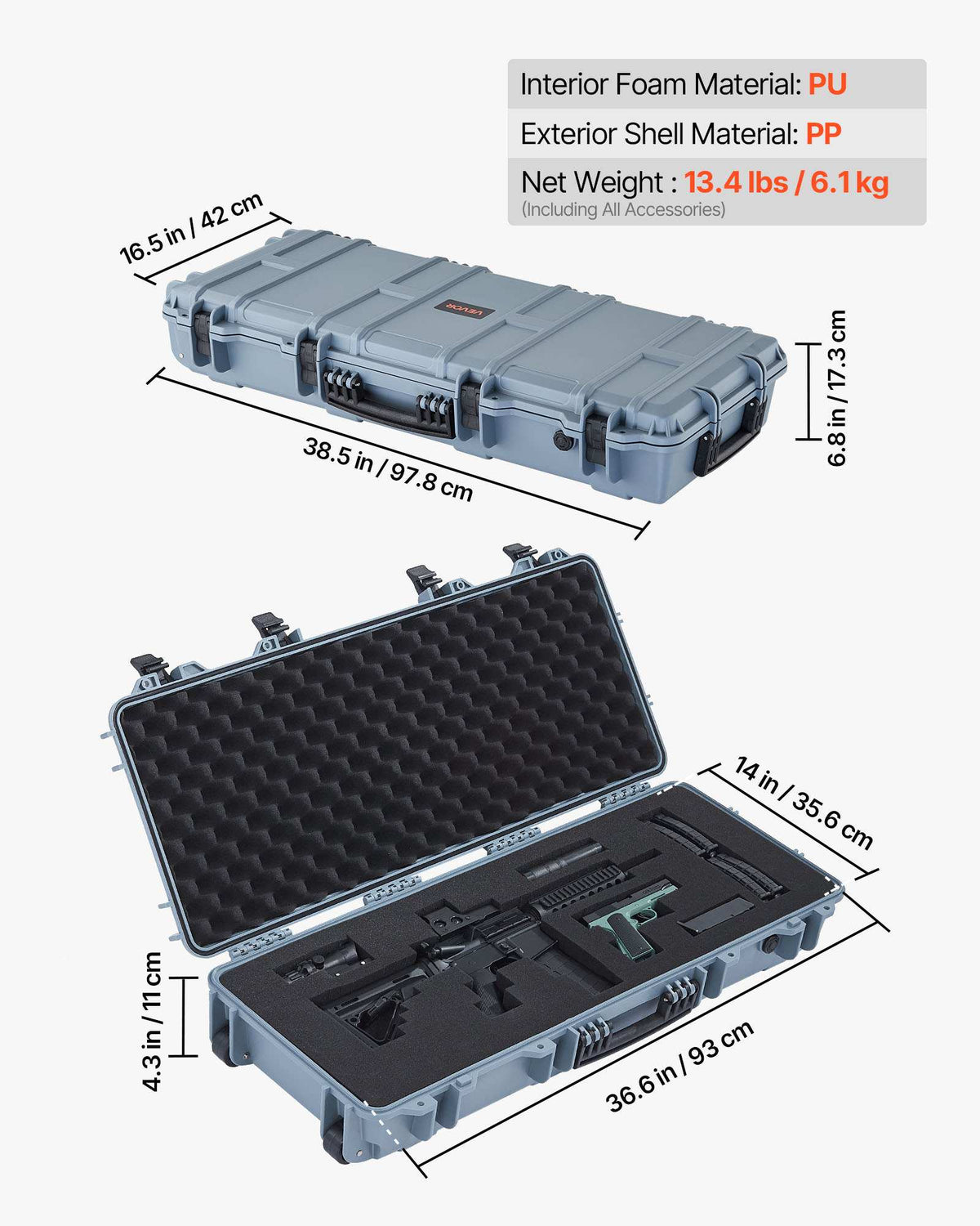 Lockable Waterproof Equipment Storage Case with Custom Foam Insert, 36 in Gun Storage with Wheels, IP67 Waterproof & Dustproof Pistol Storage Cases for Rifles, Shotguns, Airsoft Guns, Grey