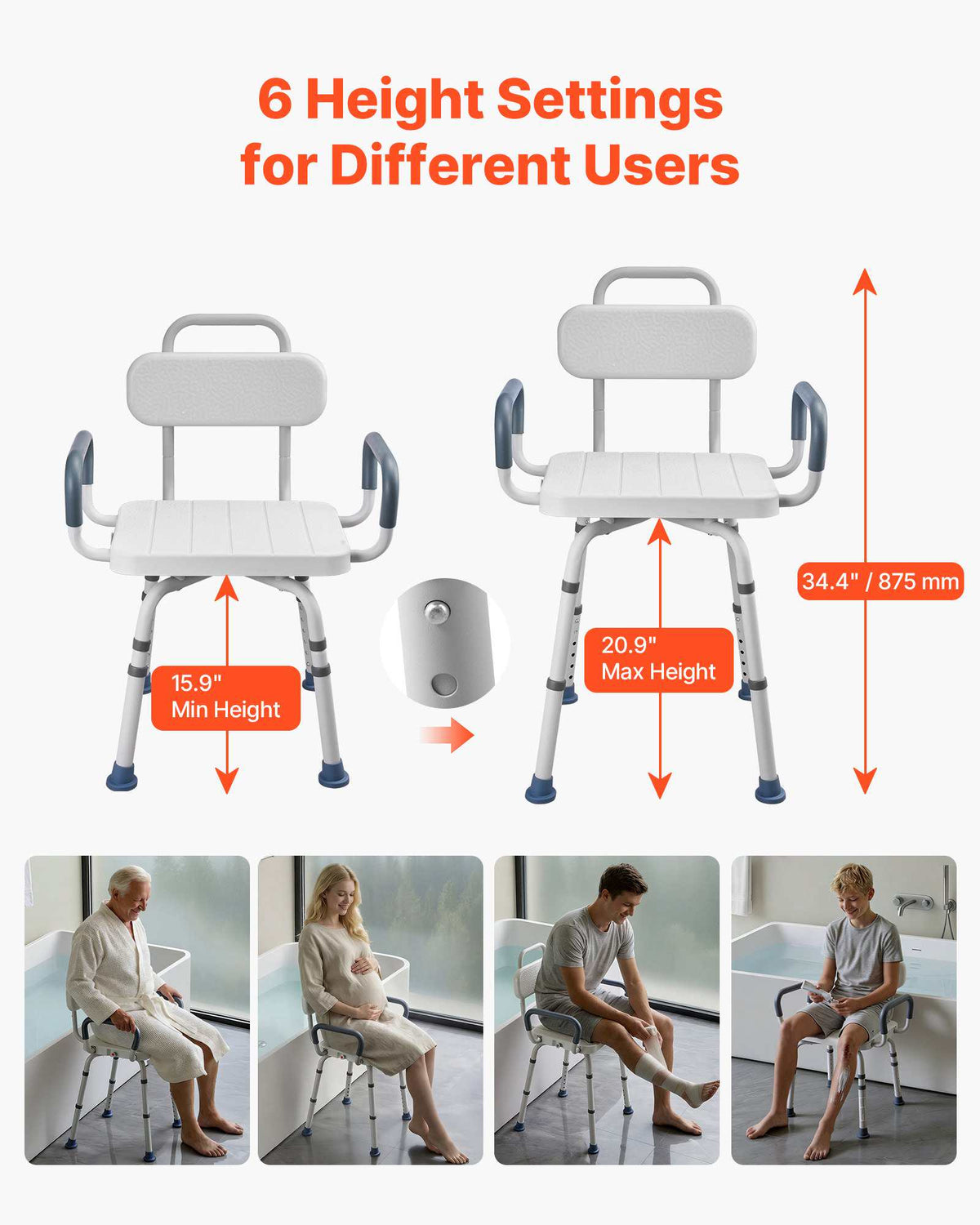 Swivel Shower Chair with Arms and Back, 400 lbs Heavy Duty Bench Seat for Inside Shower Stall and Bathtub, Height Adjustable Bathroom Bath Tub Seat for Adults, Seniors, Elderly and Disabled