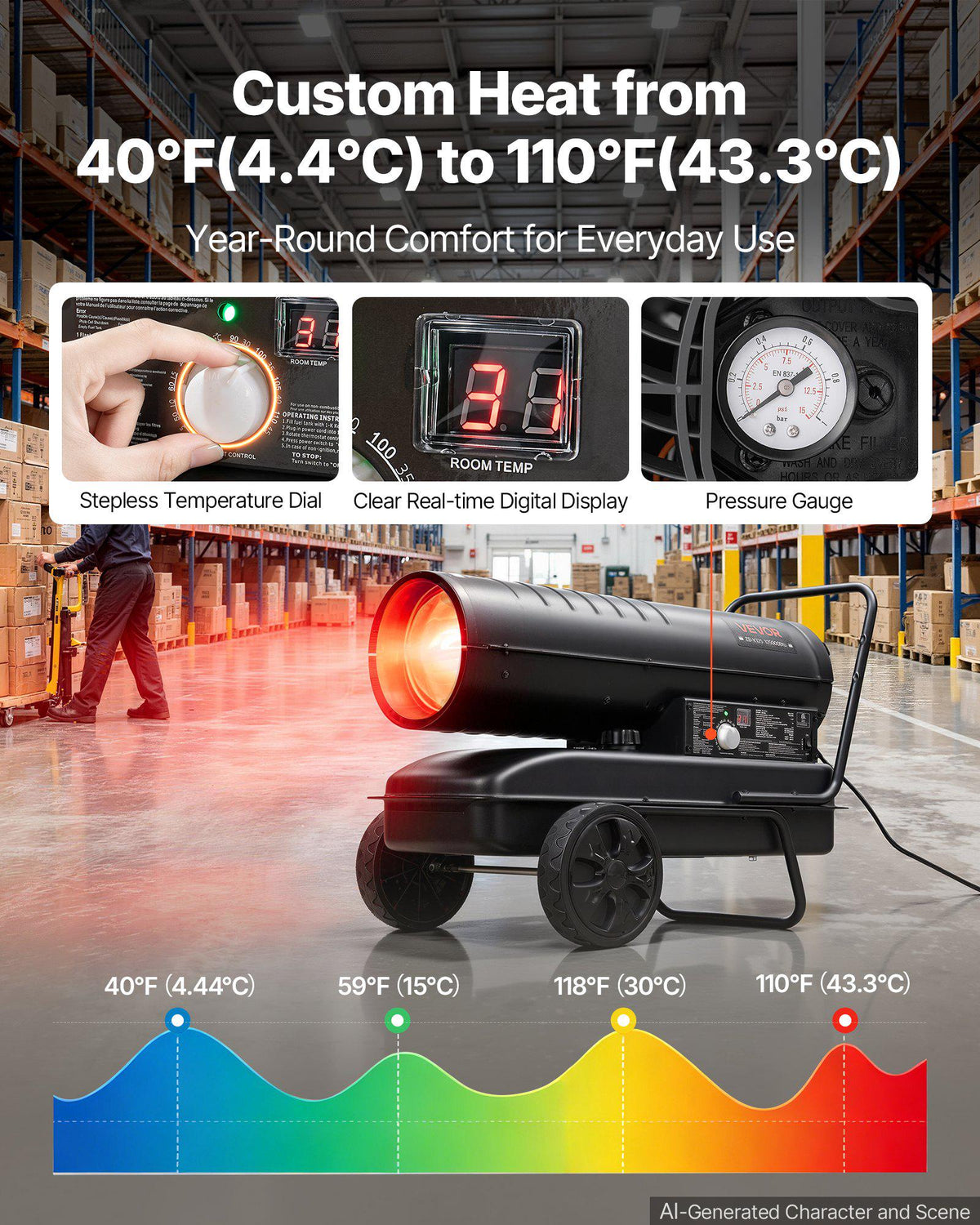 Forced Air Kerosene Heater, 125000 BTU Diesel Torpedo Space Heater, for Garage, Warehouse, Workshop, Job Site, Construction, Flexible Move with Wheels & Thermostat Control, Carbon Steel, Black