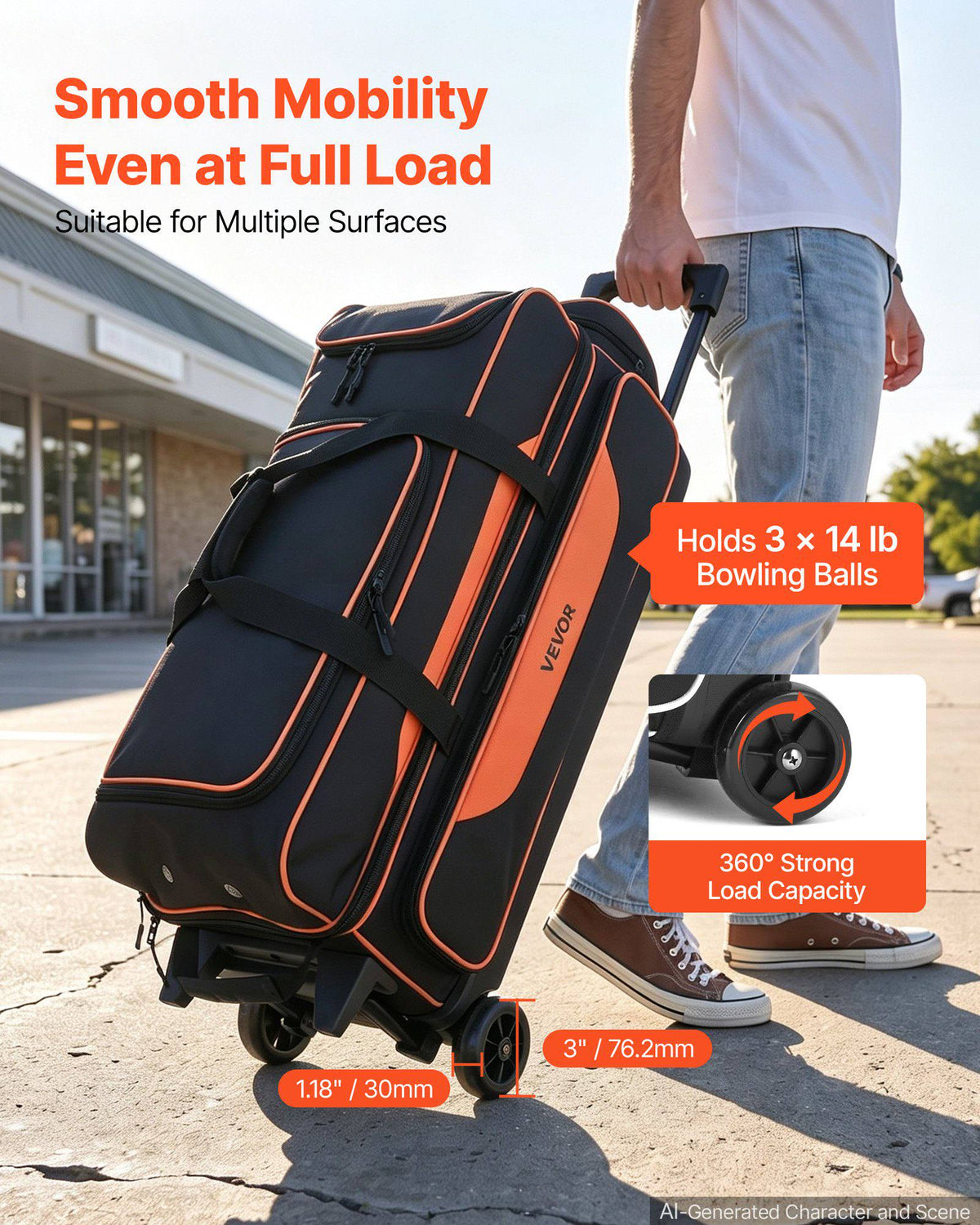 3 Ball Bowling Bag Double Roller Bag with Separate Shoe Compartment, for Bowling Shoes (Up To US Men Size 16), Rolling Ball Bag w/ Wheel, Accessory Pocket, Retractable Handle Extends to 40 in