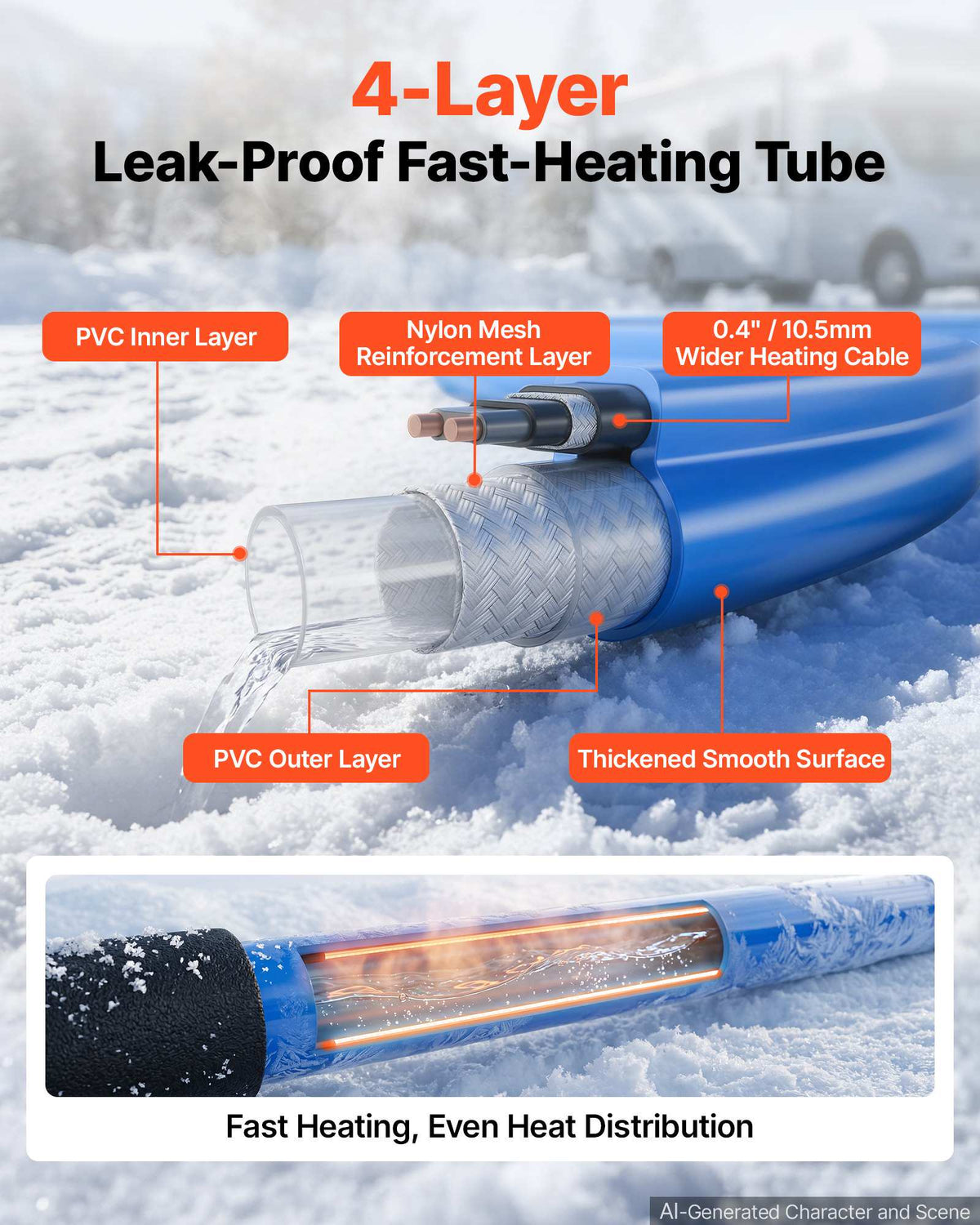 30FT Heated Water Hose for RV Antifreeze to -45°F Drinking Water Hose, 1/2" ID, Smooth Surface, Built-in Thermostat, Freeze & Leak-Proof, Lead and BPA Free, Fast Heating for RV Camping Garden