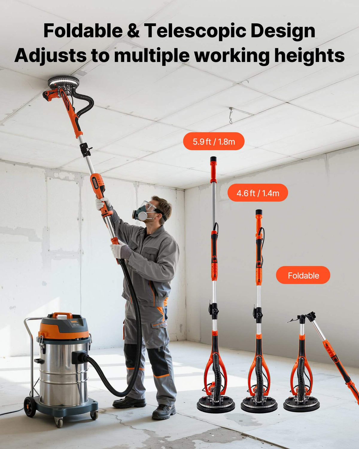 Drywall Sander, 850W Electric Drywall Sander, Popcorn Ceiling Removal Tool with 5 Variable Speed 800-1700 RPM, Double-Deck LED Light, Foldable & Extendable Handle, 15 Sanding Discs, Dust Hose