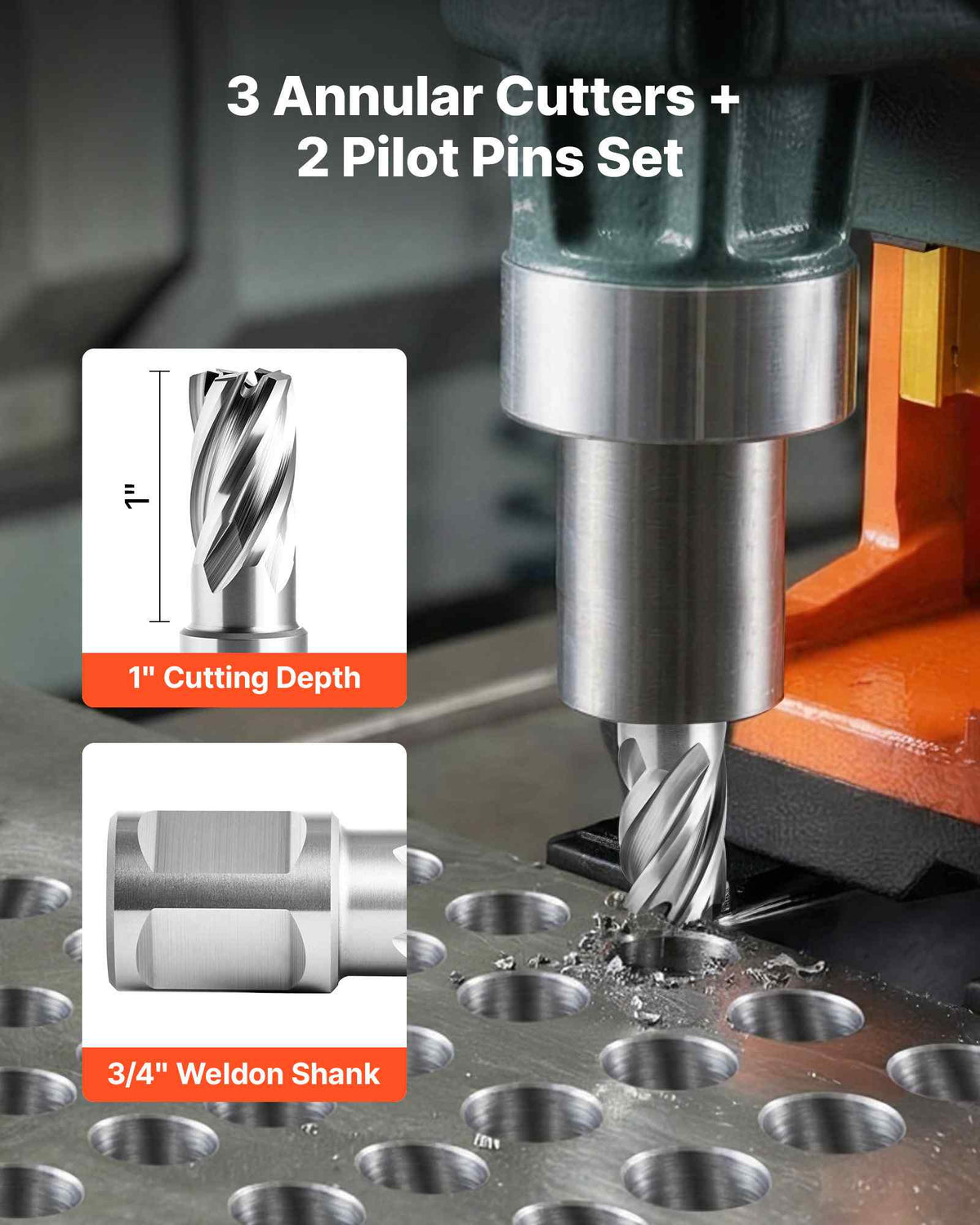 Annular Cutter Set, 5 pcs Weldon Shank Mag Drill Bits Kit, 1" Cutting Depth, 5/8" Cutting Diameter, HSS, 3 Drill Bits with 2 Pilot Pins and 3 Plastic Cases, for Magnetic Drills, Steel, Aluminum