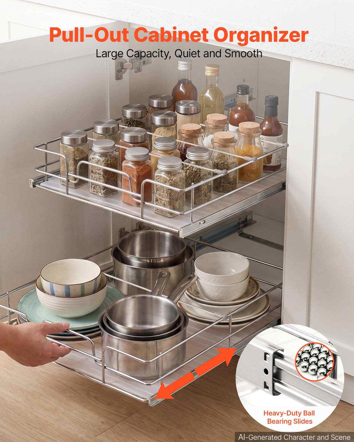 2 Tier Pull Out Cabinet Organizer 16.97"W x 21.22"D Slide Out Drawers, for Kitchen Bathroom Pantry Organization, Chrome-Plated Finish, Heavy Duty Steel Storage Sliding Shelves for Base Cabinets