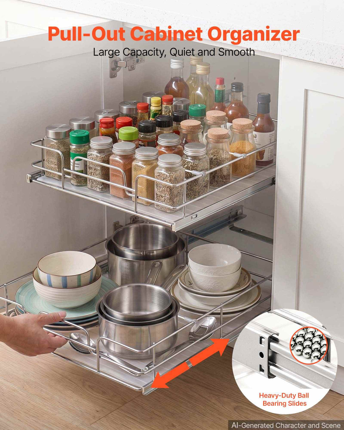 2 Tier Pull Out Cabinet Organizer 20"W x 21.22"D Slide Out Drawers, for Kitchen Bathroom Pantry Organization, Chrome-Plated Finish, Heavy Duty Steel Storage Sliding Shelves for Base Cabinets