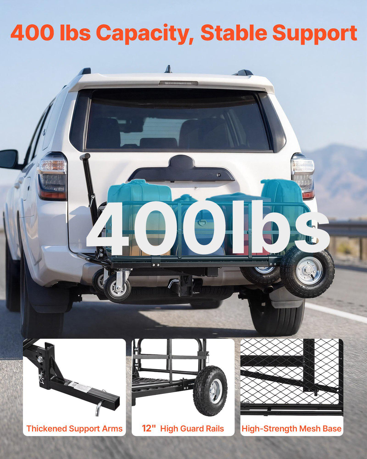 Hitch Mount Cargo Carrier on Wheels, 36.2" x 21.3" x 11.8", 2-in-1 Folding Rear Luggage Rack Basket & Cargo Cart with Hitch Stabilizer, Fits 2" Receiver for SUV Pickups, 400LBS Load Capacity