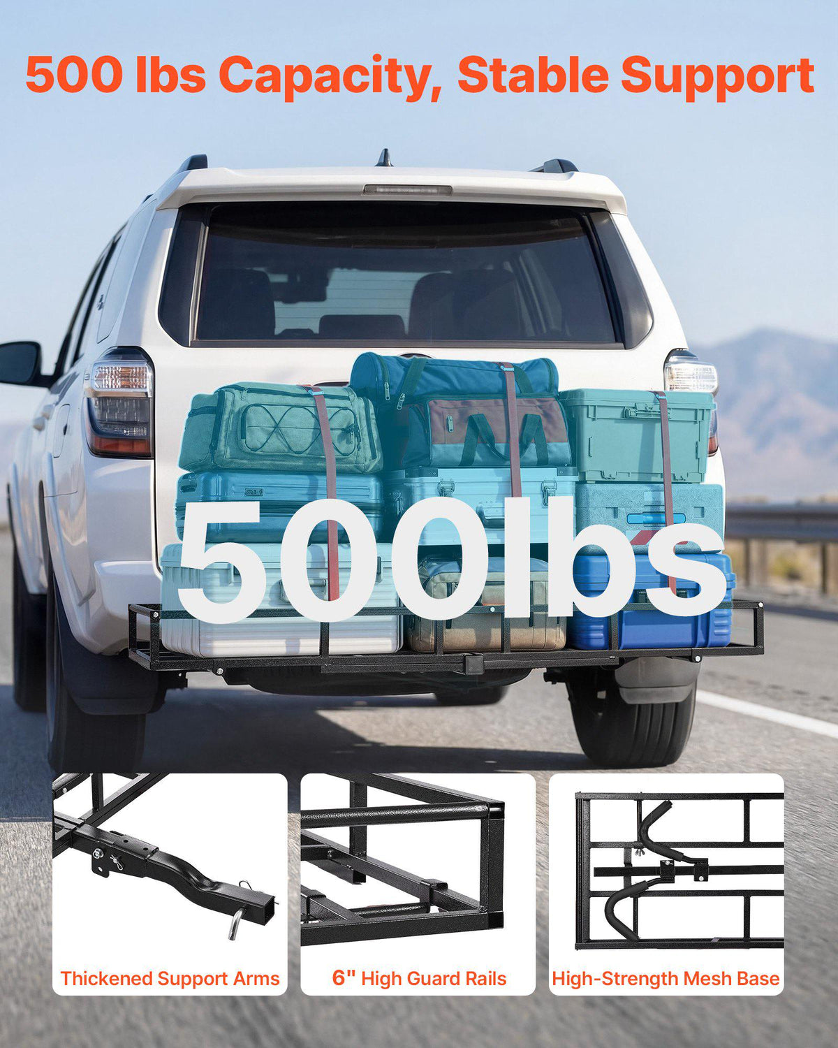 Hitch Cargo Carrier Bike Rack, 66" x 20" x 6" Folding Hitch Mount Cargo Carrier for 2 Fat Tire/Mountain Bikes, 500LBS Capacity High-Strength Steel Luggage Basket Fits 2" Receiver for SUV Pickups