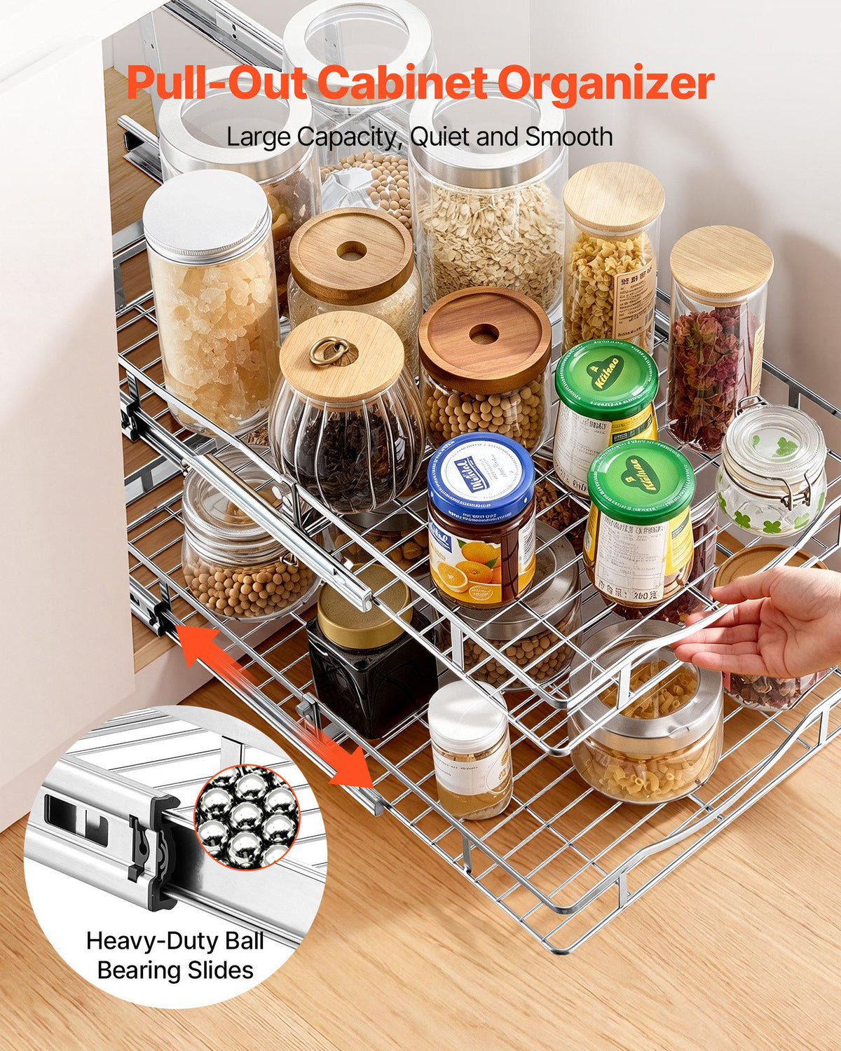 2 Tier Pull Out Cabinet Organizer 14.17"W x 21.06"D Slide Out Drawers, for Kitchen Bathroom Pantry Organization, Chrome-Plated Finish, Heavy Duty Steel Storage Sliding Shelves for Base Cabinets