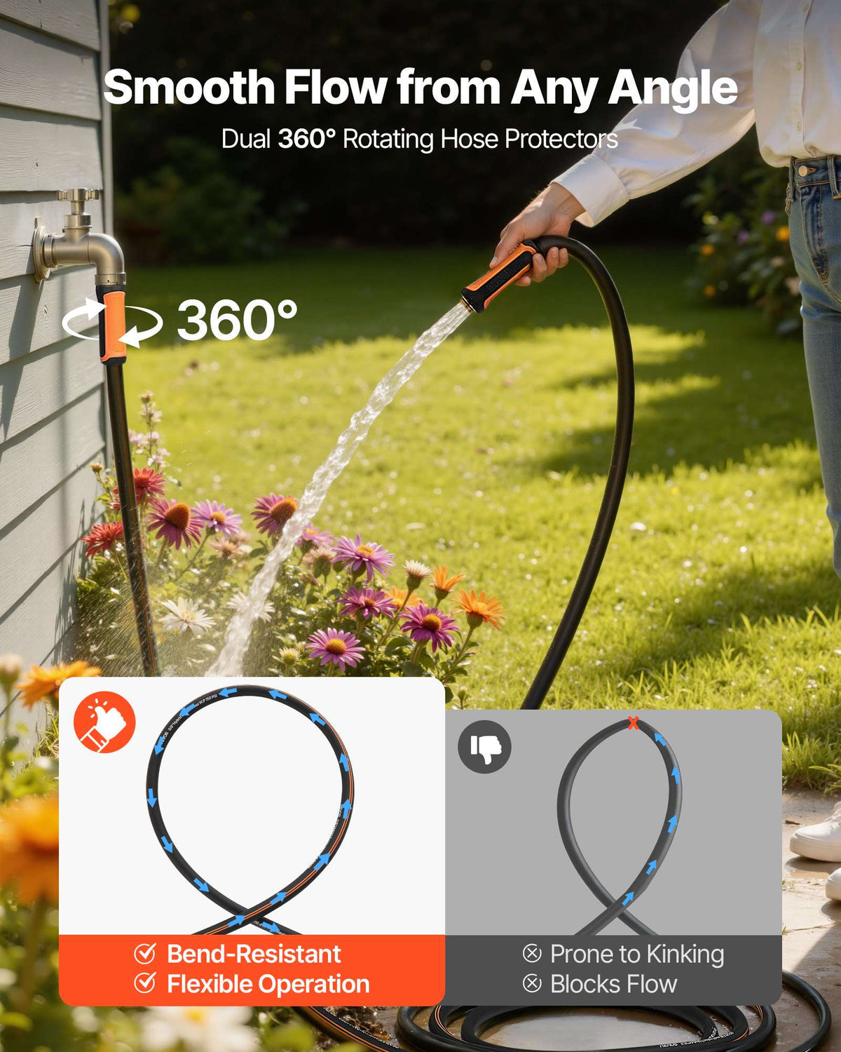 Garden Hose, 50 ft 5/8" Heavy Duty 4-Layer Rubber Water Hose, 150PSI Working & 600PSI Burst, Flexible & Non-kink Outdoor Waterhose with 3/4" Fitting, Lightweight Hoses for Gardening Cleaning