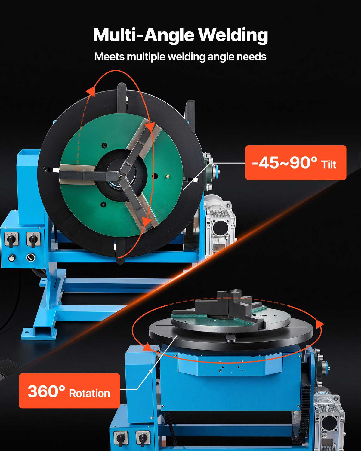 Rotary Welding Positioner, 1102 lbs Load Capacity, -45° to 90° Tilt Angle Welding Positioner Turntable Table, 0.2-2 RPM Speed Control, Electric and Foot Pedal, for Cutting, Grinding, Assembly