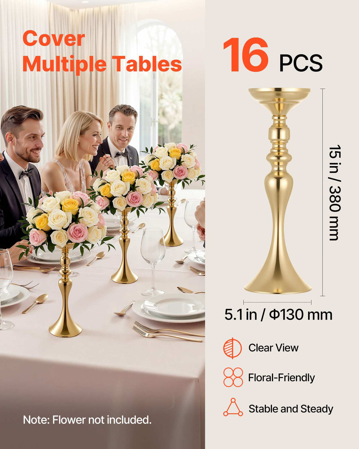 16 PCS Wedding Flower Vase, 15 in Tall Flower Table Centerpieces, Crystal Banquet Vases Easy Installation, Electroplated Versatile Arrangement Stand for Party Events Home Decor Reception, Gold