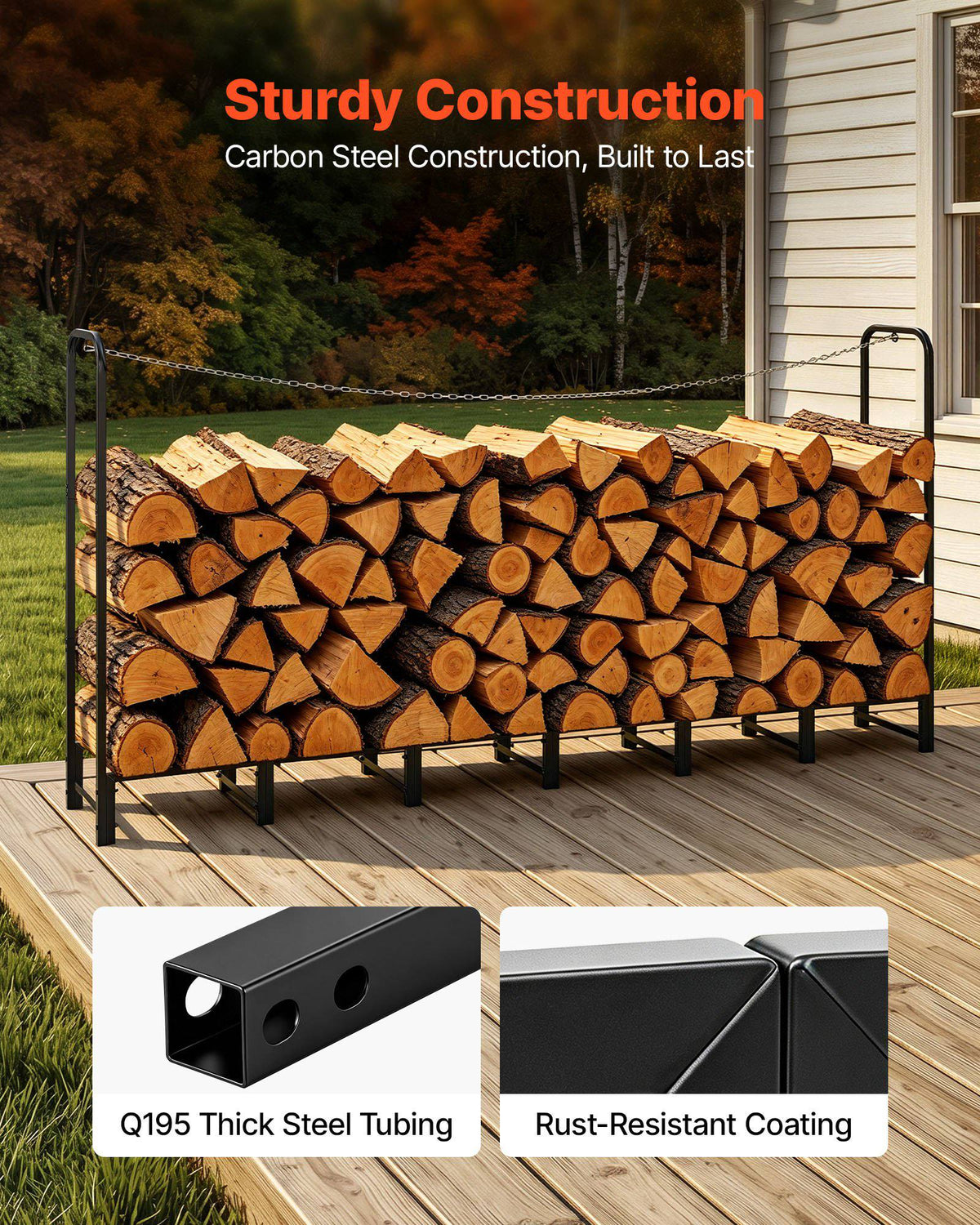 Firewood Rack 8ft 1/2 Cord Heavy Duty Outdoor Wood Storage Holder, for Fireplace Patio Deck, 1100 lbs Load Capacity, Carbon Steel Frame Fire Log Stacker Stand, Metal Wood Pile Organizer, Black