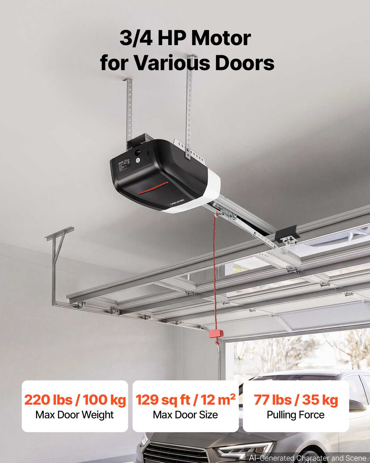 Garage Door Opener 3/4 HP Ultra-Quiet Belt Drive WiFi Smart Opener, for Residential Garage, Includes Durable Rail, 3 Remotes, Smartphone App Control, Obstacle Sensor & LED Light, Black & White