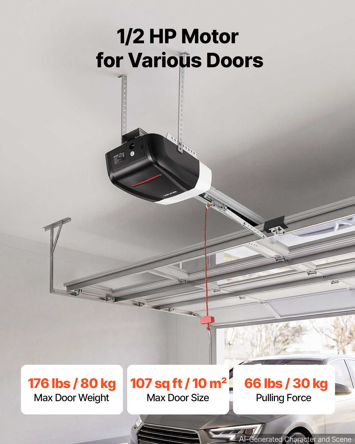 Garage Door Opener 1/2 HP Ultra-Quiet Belt Drive WiFi Smart Opener, for Residential Garage, Includes Durable Rail, 3 Remotes, Smartphone App Control, Obstacle Sensor & LED Light, Black & White