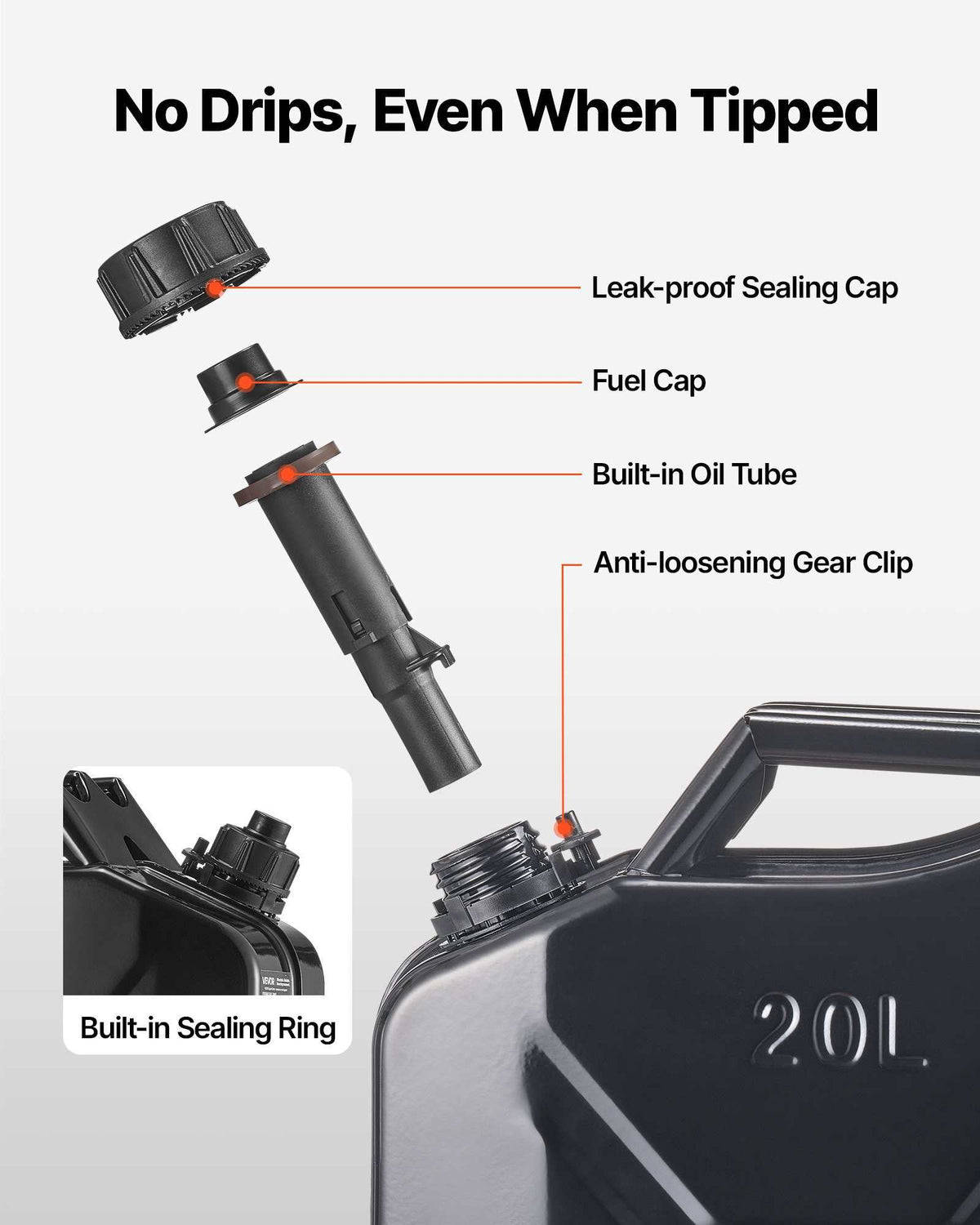 Newly Upgraded Oil-Tight! Metal Fuel Container, 5.3 Gallon, Fuel Jerry Can with Spout and Comfort Handle, 6 L/min Max Flow Rate, Leakproof & Corrosion-resistant Metal Gas Tank Most Cars Motorcycle ATV UTV, Black
