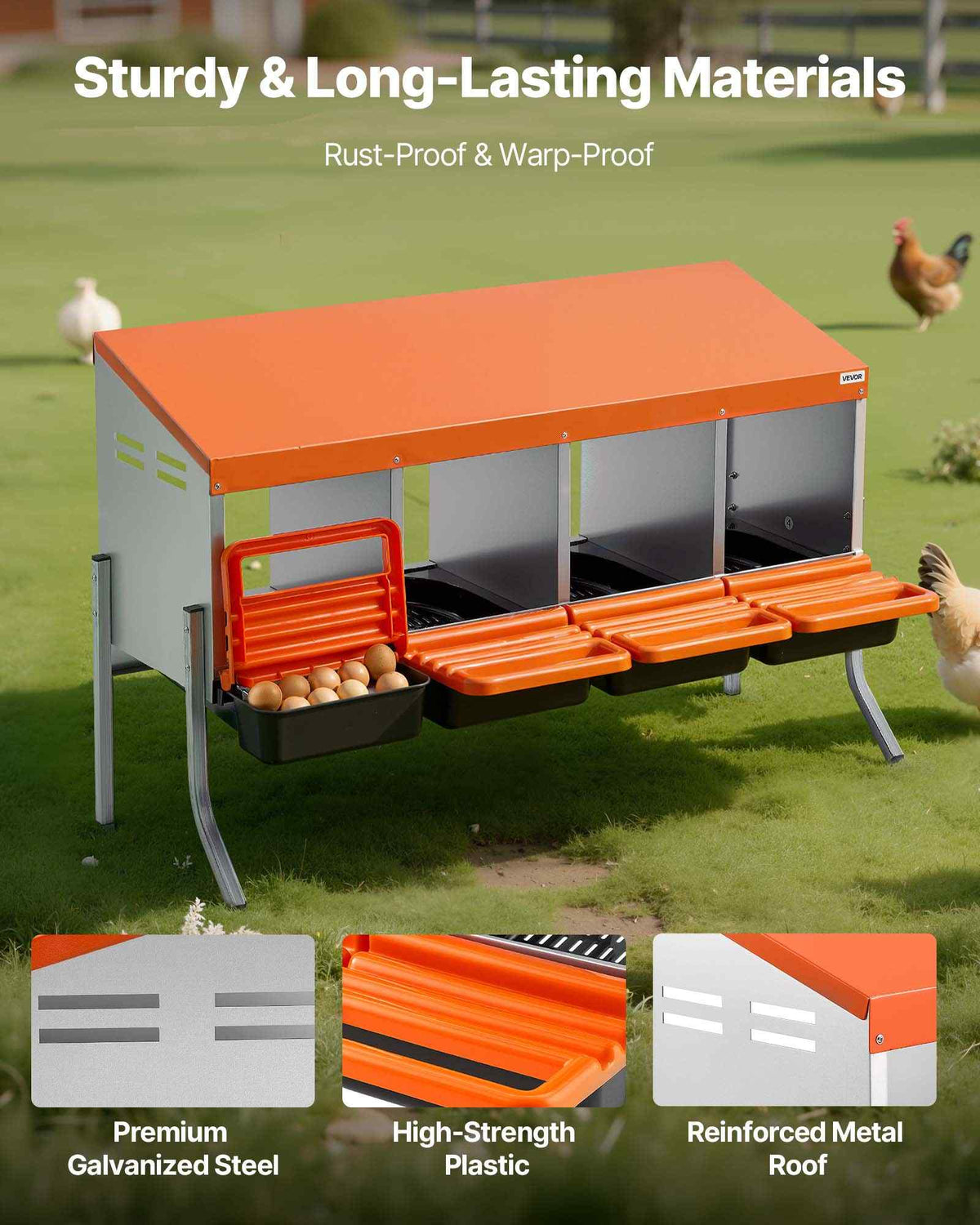 Chicken Nesting Boxes, 4 Compartments, with Support Legs, Easy Egg Collection, Galvanized Steel and High-Strength Plastic, Roll Away Nesting Boxes for Chickens and Hens Laying Eggs, Orange