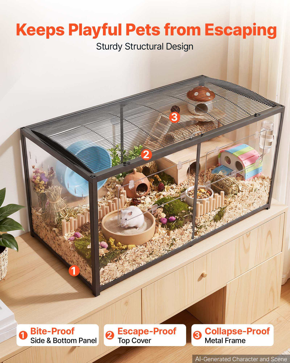 Hamster Cage 47.2"x23.6"x25.4" 360° Viewing Metal Hamster Habitat, Transparent Small Animal Cage with Top Access & Front Door, Large Portable Pet House for Guinea Pig, Gerbil (7.7 ft², Black)