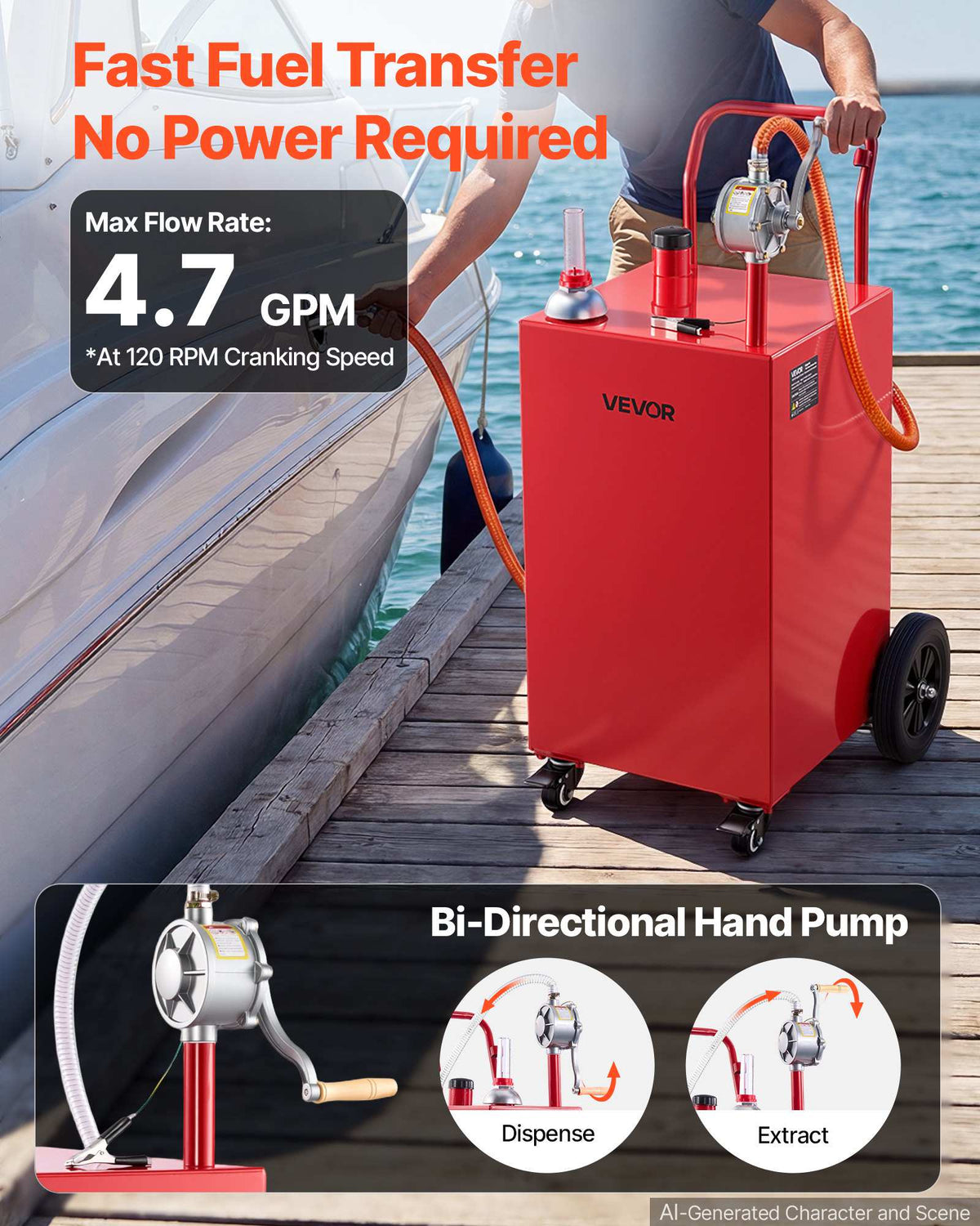 40 Gallon Fuel Gas Caddy, Carbon Steel, Portable Fuel Transfer Storage Tank with Manual Pump and 4 Wheels, Gasoline Diesel Can Container, for Cars, Lawn Mowers, ATVs, Boats, Motorcycles, Red