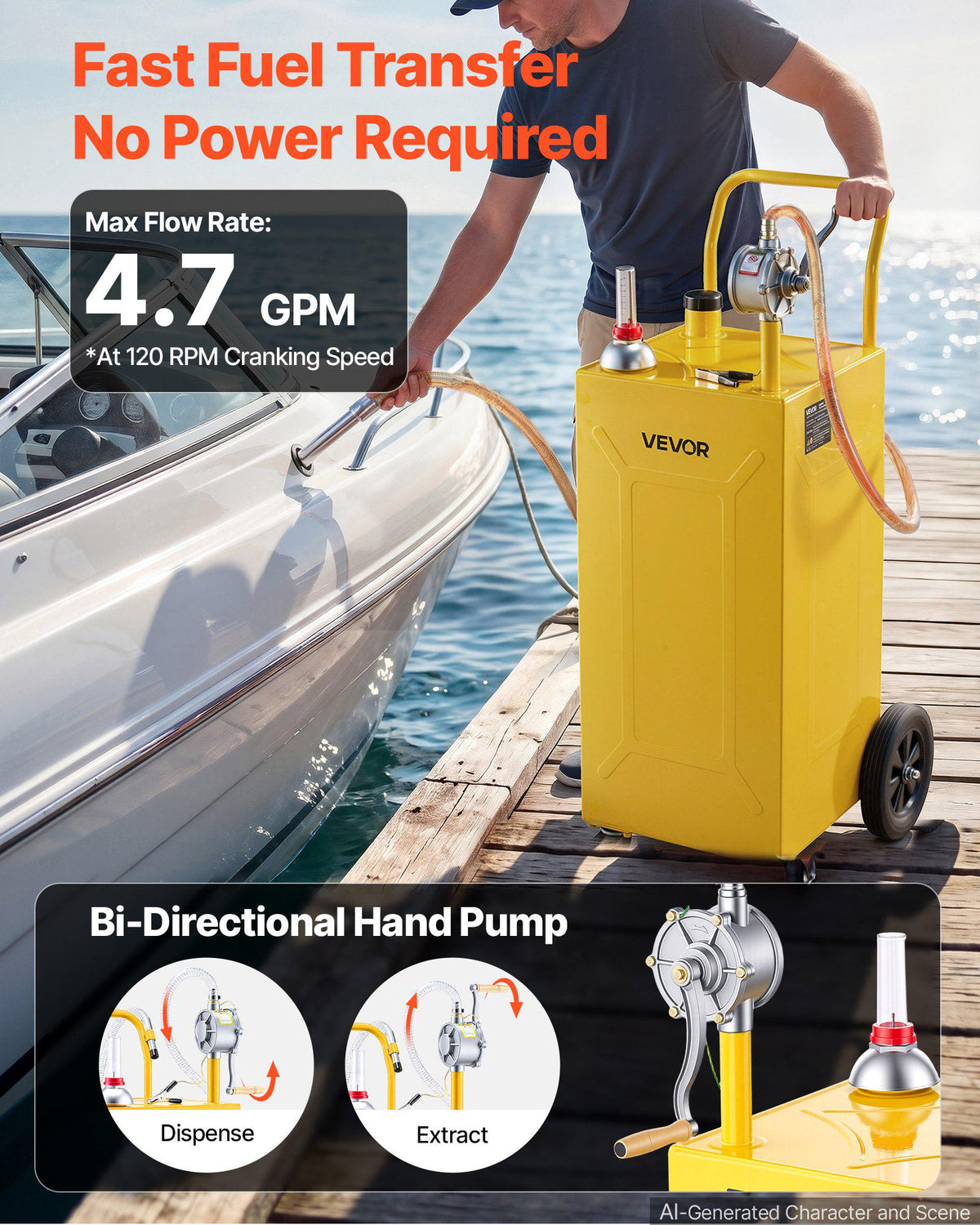 35 Gallon Fuel Gas Caddy, Carbon Steel, Portable Fuel Transfer Storage Tank with Manual Pump & 4 Wheels, Gasoline Diesel Can Container, for Cars, Lawn Mowers, ATVs, Boats, Motorcycles, Yellow