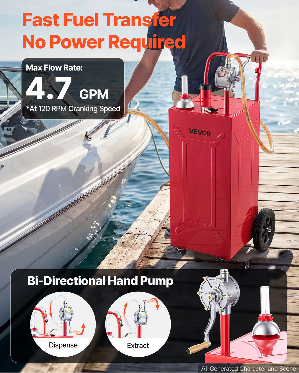 30 Gallon Fuel Gas Caddy, Carbon Steel, Portable Fuel Transfer Storage Tank with Manual Pump and 4 Wheels, Gasoline Diesel Can Container, for Cars, Lawn Mowers, ATVs, Boats, Motorcycles, Red