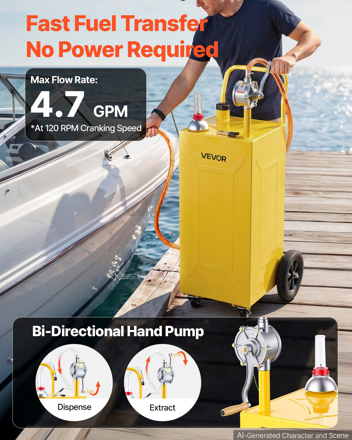 30 Gallon Fuel Gas Caddy, Carbon Steel, Portable Fuel Transfer Storage Tank with Manual Pump & 4 Wheels, Gasoline Diesel Can Container, for Cars, Lawn Mowers, ATVs, Boats, Motorcycles, Yellow