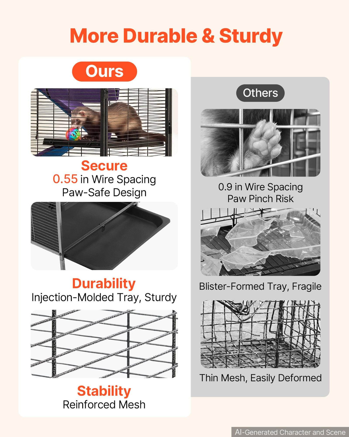 Metal Small Animal Cage 50"H 5-Tier Rolling Ferret Cage On Wheels, 0.55" Wire Spacing Large Cages with Hammock, Ramps, Tray & Doors for Ferret, Chinchilla, Sugar Glider, Guinea Pig & Rabbit