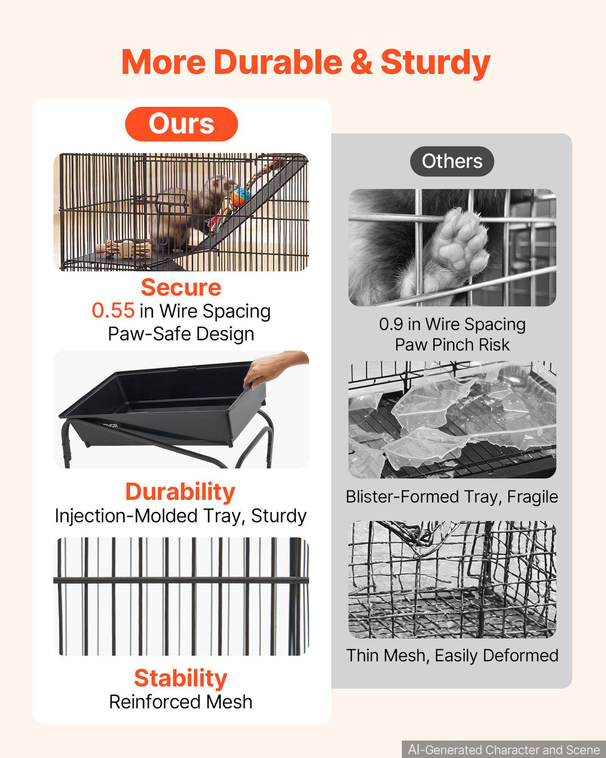 Metal Small Animal Cage 39.8"H 3-Tier Rolling Ferret Cage On Wheels, 0.55" Wire Spacing Large Cages with Hammock, Ramps, Tray & Doors for Ferret, Chinchilla, Sugar Glider, Guinea Pig & Rabbit