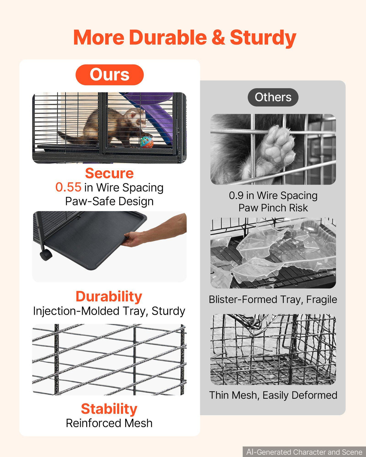 Metal Small Animal Cage 37.8"H 3-Tier Rolling Ferret Cage On Wheels, 0.55" Wire Spacing Large Cages with Ramps, Platform, Tray & Doors for Ferret, Chinchilla, Sugar Glider, Guinea Pig & Rabbit