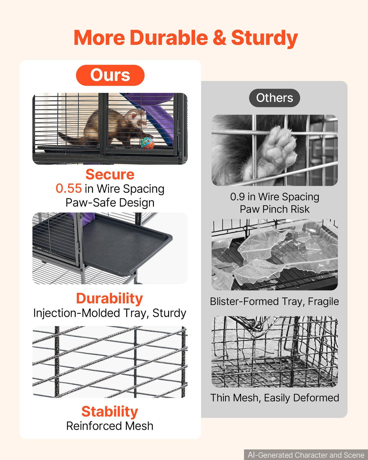 Metal Small Animal Cage 54.3"H 4-Tier Rolling Ferret Cage On Wheels, 0.55" Wire Spacing Large Cages with Hammock, Ramps, Tray & Doors for Ferret, Chinchilla, Sugar Glider, Guinea Pig & Rabbit