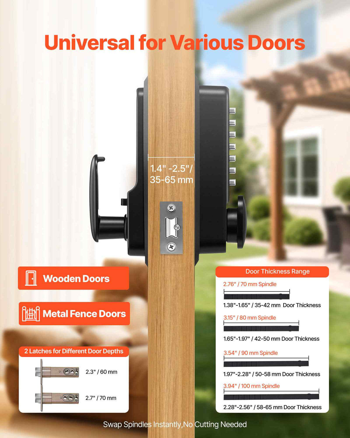 Mechanical Keyless Entry Door Lock, 2.0 Code Upgrade, 4-7 Digits Code, Single-Sided Push Button Combination Mechanical Keypad Door Knob, Auto Locking, for Garden Gates, Indoor or Outdoor, Black