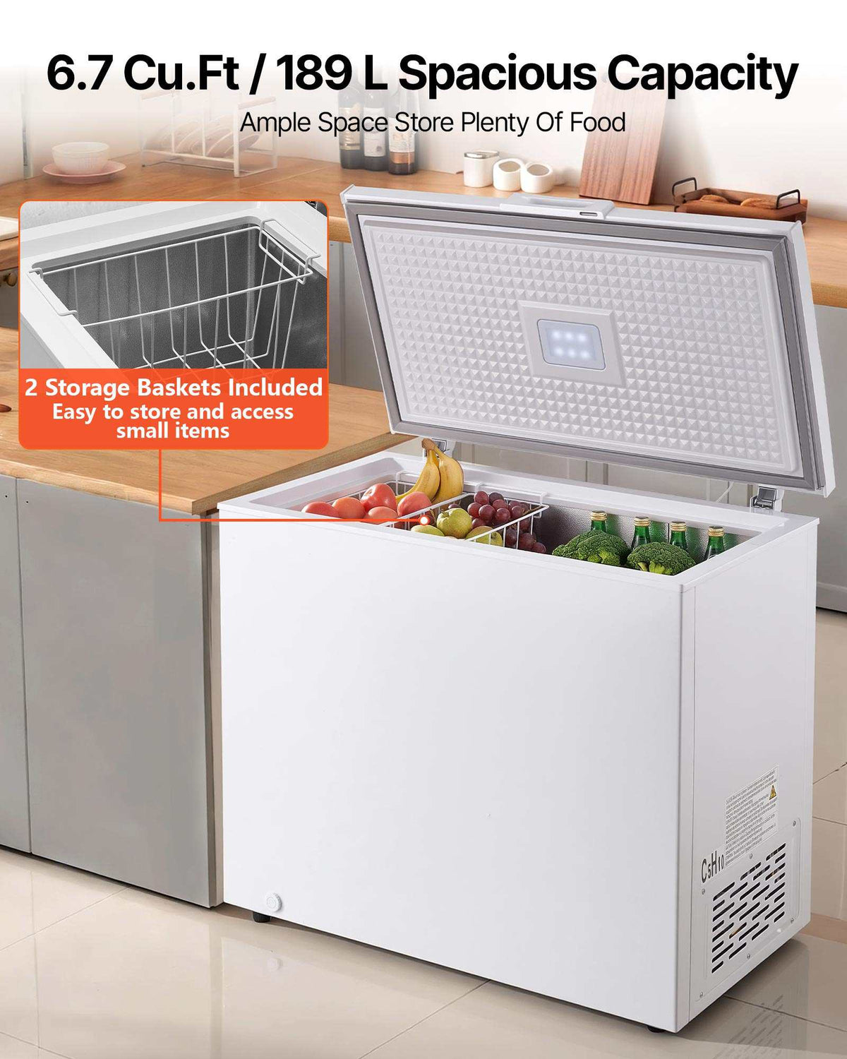 Chest Freezer, 6.7 Cu.ft Compact Deep Freezer, Free Standing Top Open Door Chest Freezers with 2 Removable Baskets & Adjustable Thermostat - Energy Saving, Low Noise & Garage Ready, White