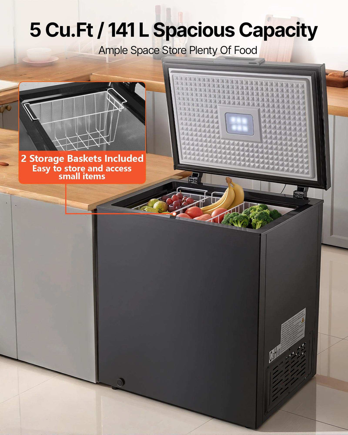 Chest Freezer, 5 Cu.ft Compact Deep Freezer, Free Standing Top Open Door Chest Freezers with 2 Removable Baskets & Adjustable Thermostat - Energy Saving, Low Noise & Garage Ready, Black