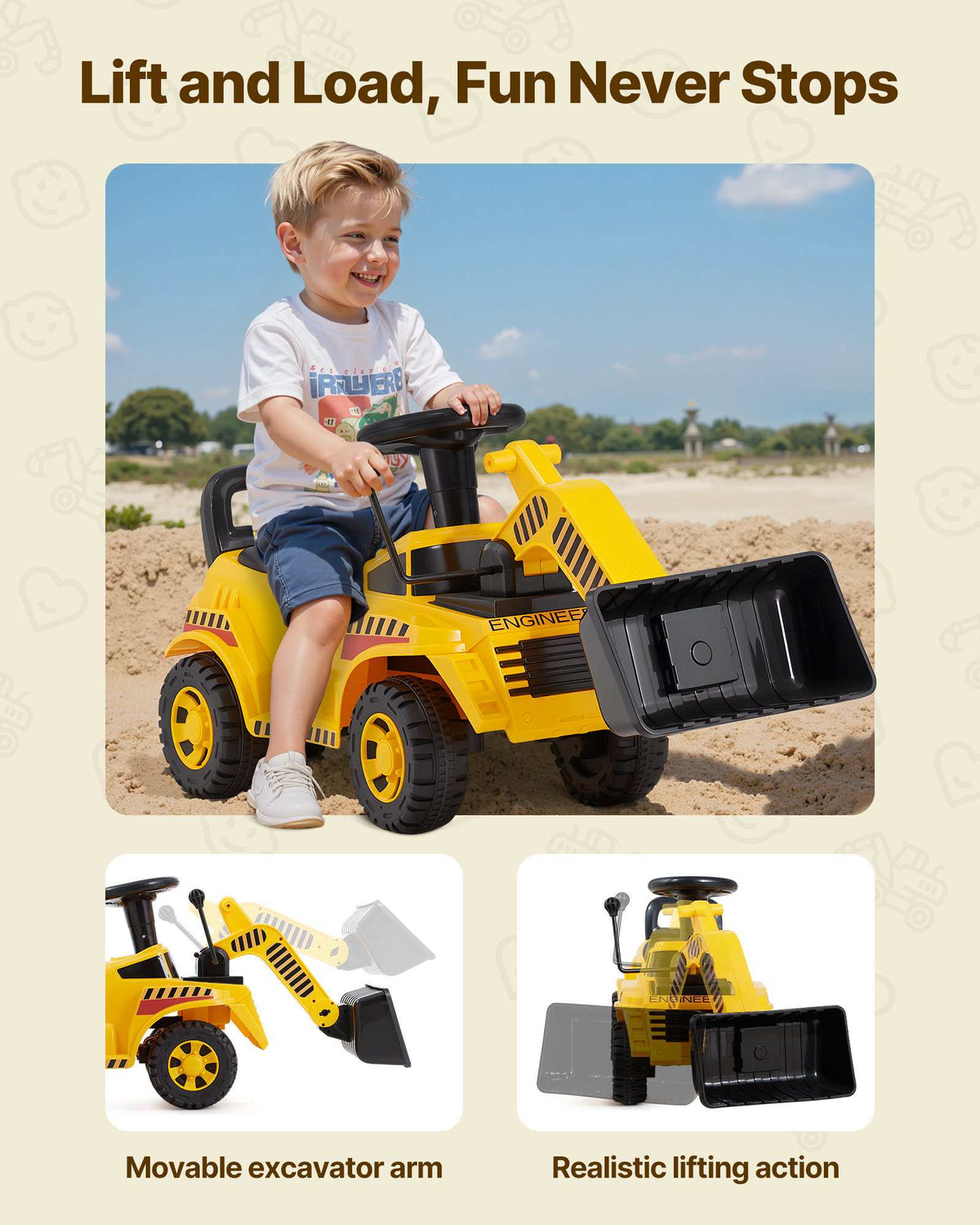 Ride On Toddler Car, Ride on Excavator Car for Toddler 19 to 36 Months, Excavator Bulldozer Digger Toy with Under-seat Storage & Music, 55 lbs Load Capacity, Foot-to-Floor Walker for Kid, Yellow