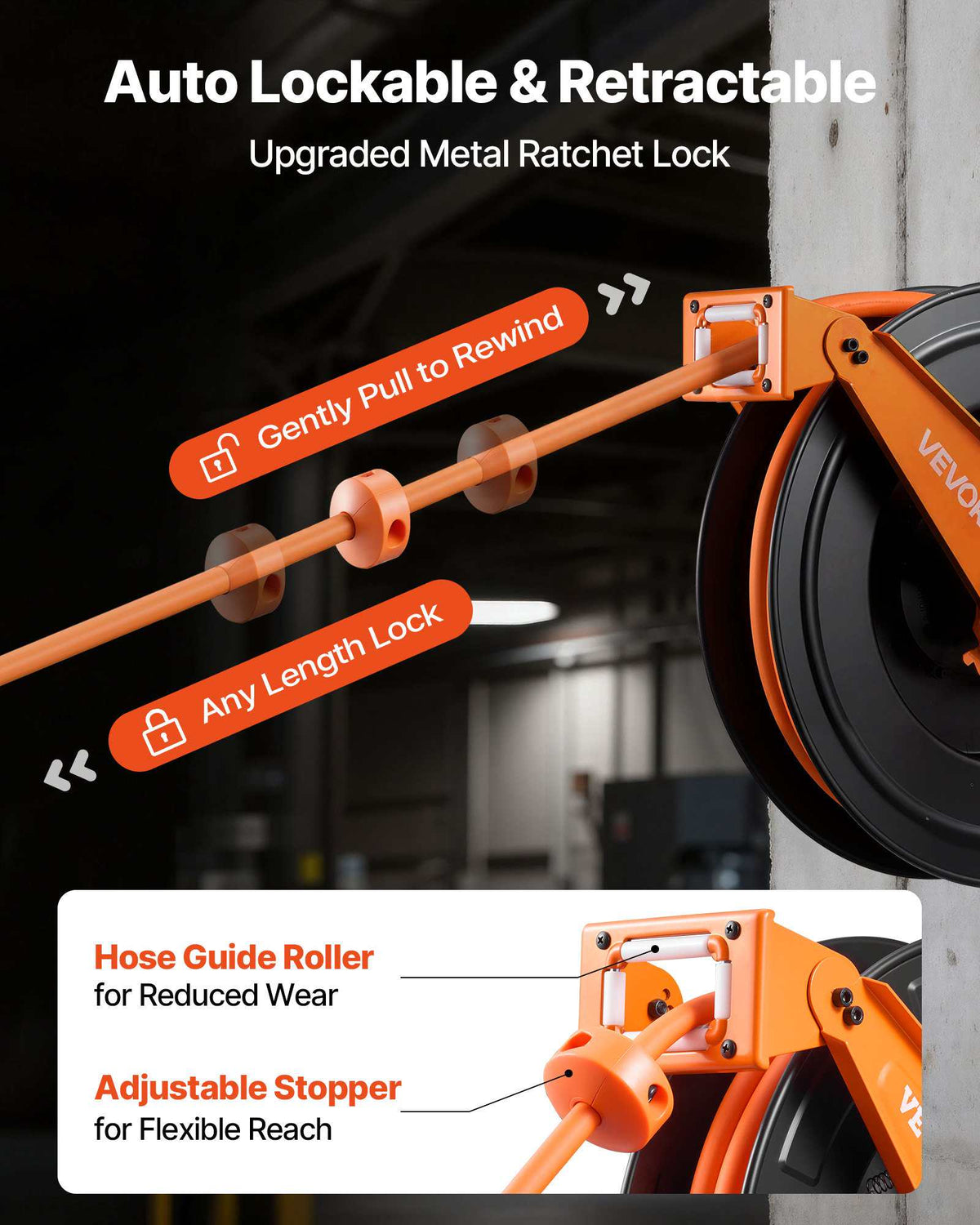 Retractable Air Hose Reel, 1/2 Inch x 50 FT Rubber Air Hose Max 300PSI, Auto Rewind Air-Compressor Hoses Reel with 5 ft Lead in, Ceiling/Wall Mount Heavy Duty Steel Double Arm