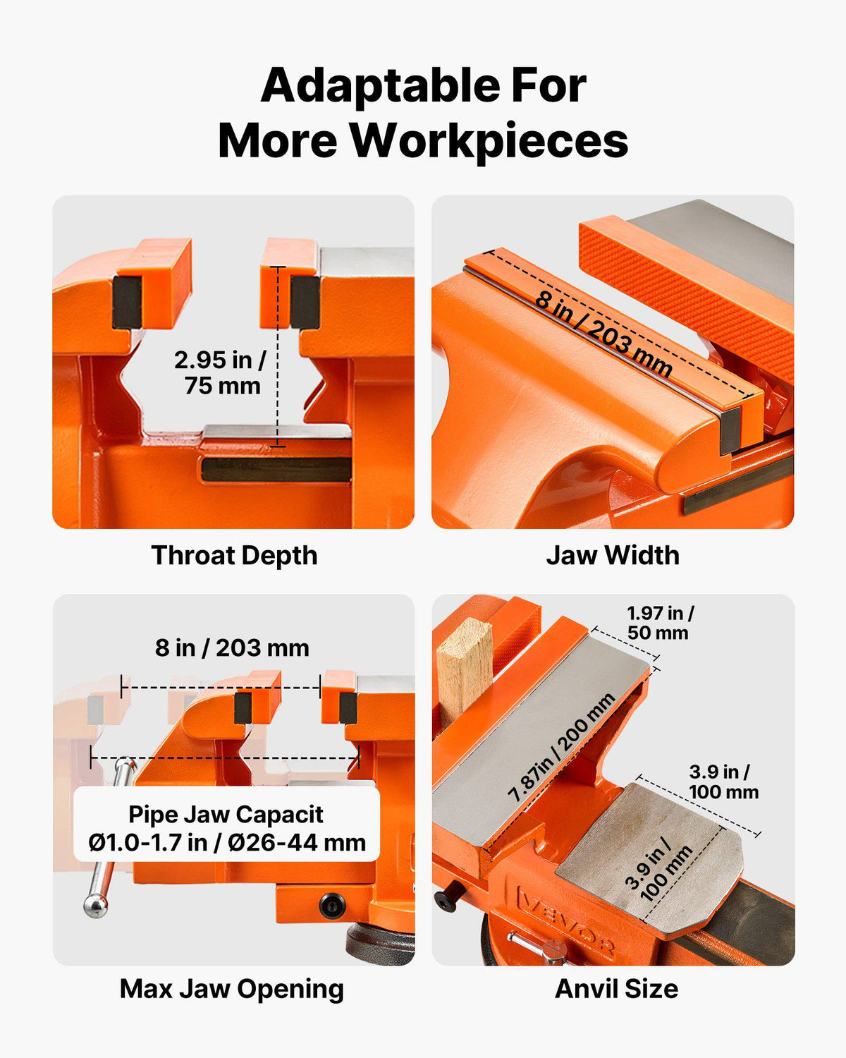 Heavy Duty Bench Vise, 8" Jaw Width, Multi-Purpose Ductile Iron Bench Vise with Anvil and 360-Degree Locking Swivel Base, 2.95" Throat Depth, 8" Max Jaw Opening, for Drilling, Pipe Cutting