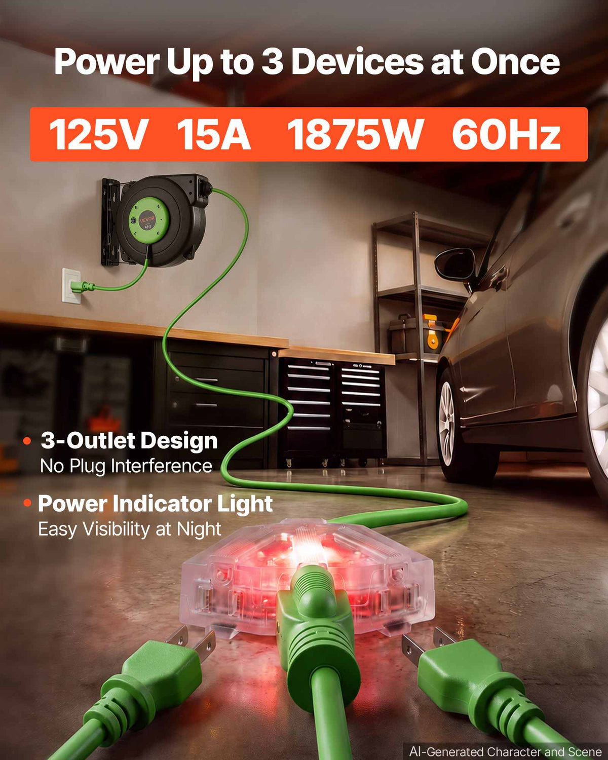 Retractable Extension Cord Reel 45FT Heavy Duty 12AWG/3C SJTOW Green, for Ceiling/Wall Mount, 15A Circuit Breaker, Automatic Retractable Power Cord, Lighted Triple Tap, with 180° Swivel Bracket