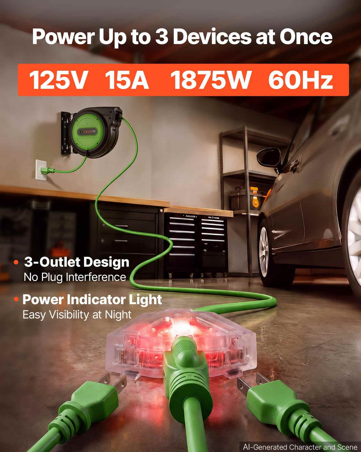 Retractable Extension Cord Reel 80FT Heavy Duty 12AWG/3C SJTOW Green, for Ceiling/Wall Mount, 15A Circuit Breaker, Automatic Retractable Power Cord, Lighted Triple Tap, with 180° Swivel Bracket