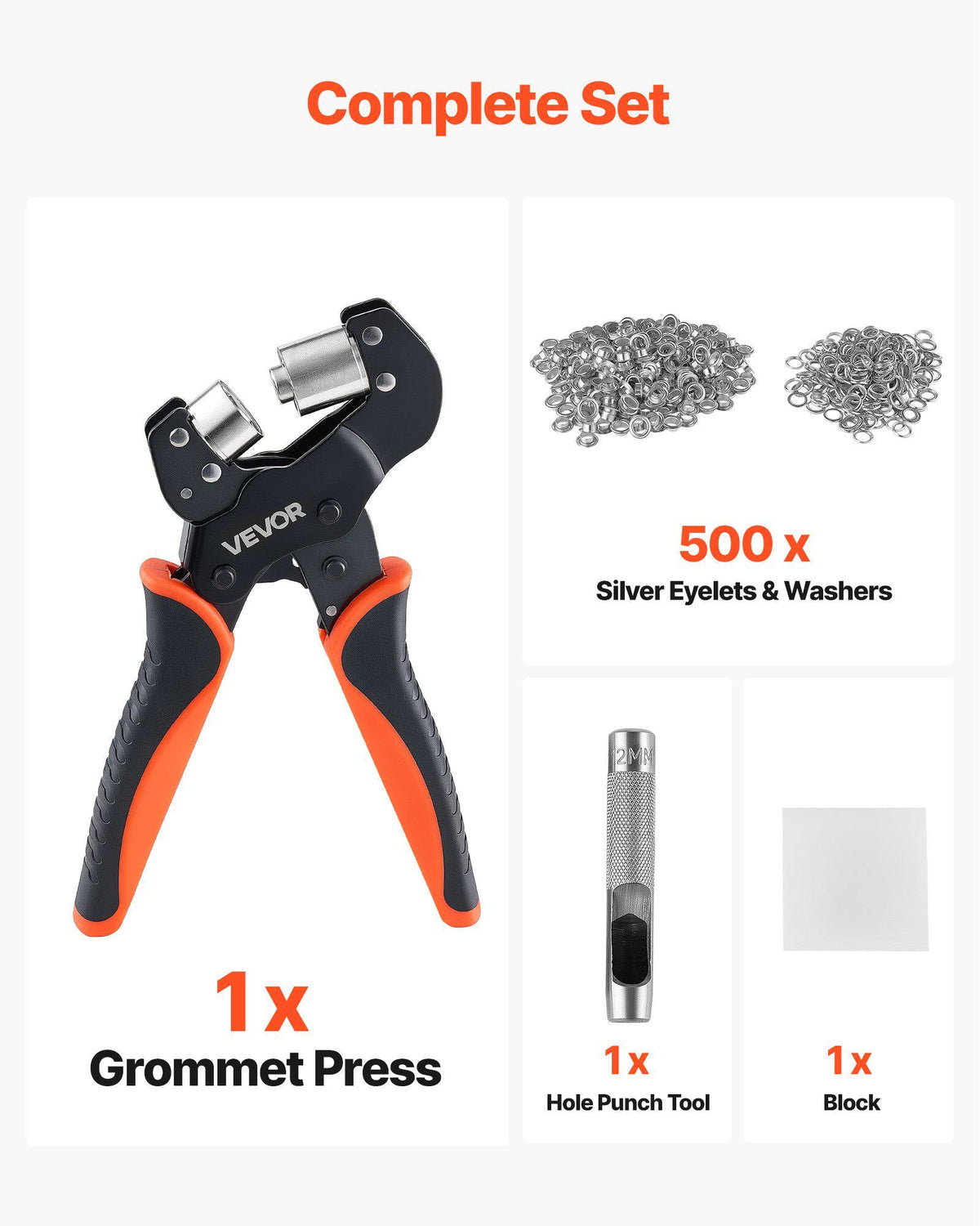 Grommet Tool Kit 1/2" Eyelet Tool Kit with 500 PCS Silver Grommets, with Eyelets and Washers, Manual Grommet Press Pliers, Hole Punch, and Block, for Leather, Tarps, Shoes, Crafts, and Fabric