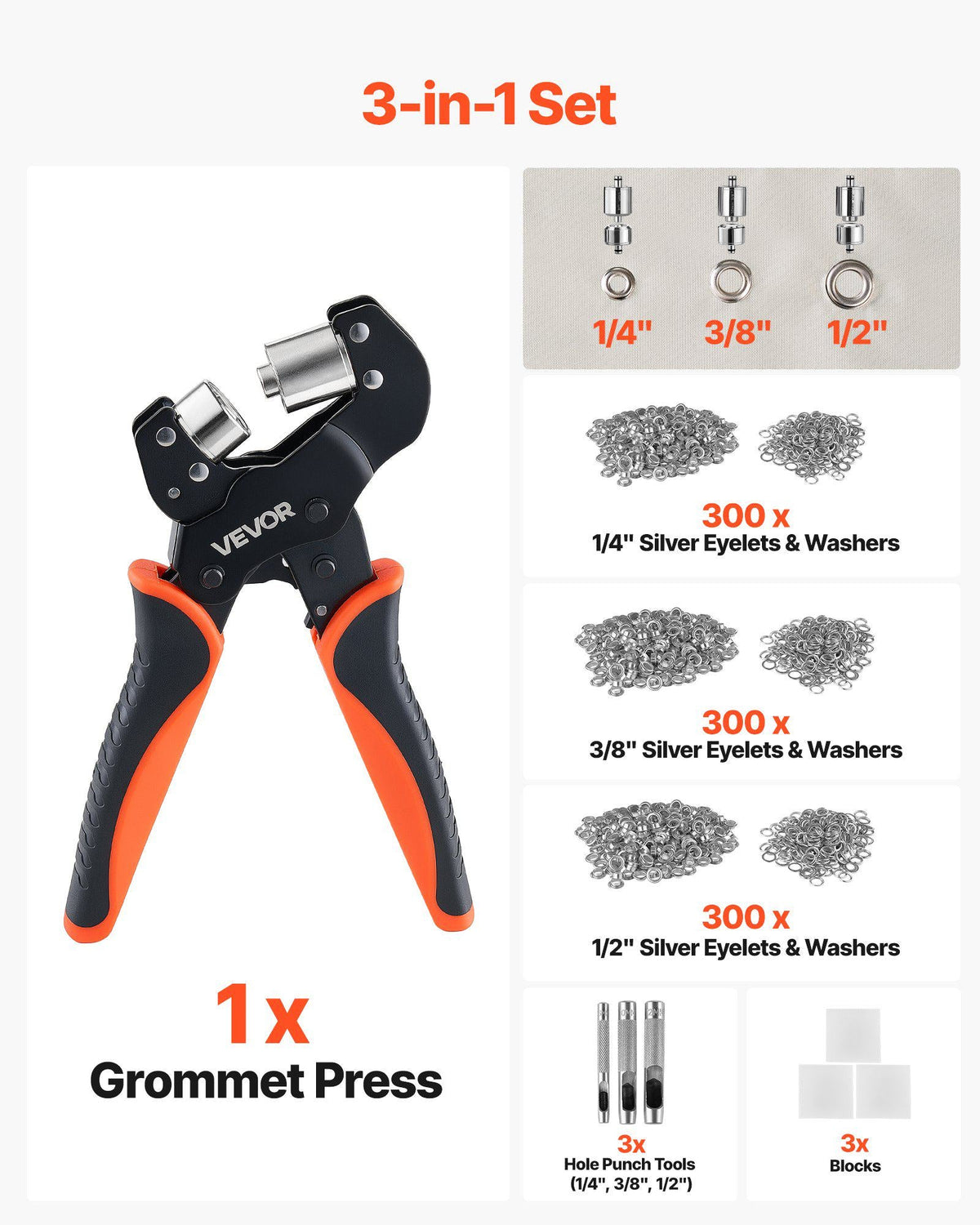 Grommet Tool Kit 1/4" 3/8" 1/2" 900 PCS Grommets Eyelet Tool Kit, with Eyelets and Washers, Manual Grommet Press Pliers, Hole Punch Tools, Blocks, for Leather, Tarps, Shoes, Crafts, Fabric