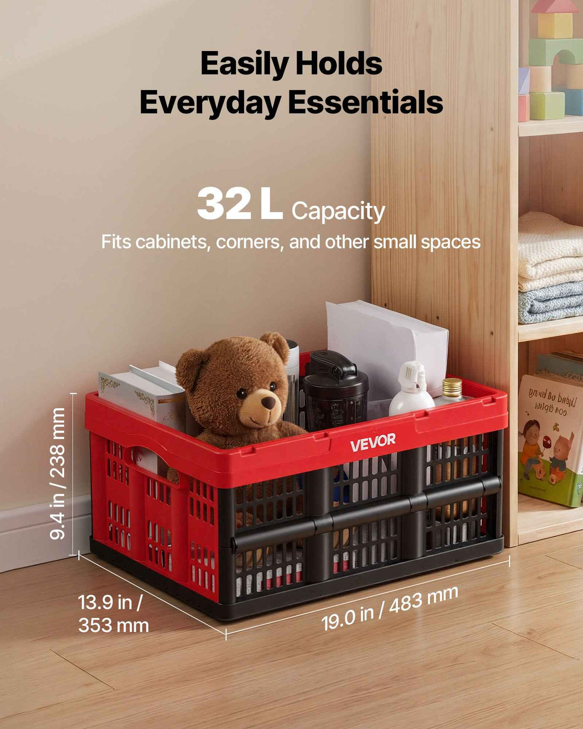 Plastic Collapsible Storage Bins, 32L 3 Packs, Stackable Folding Storage Crates with Handles, Holds 26 lbs Per Bin, Foldable Heavy Duty Containers, Space-Saving Baskets, for Home Organizing