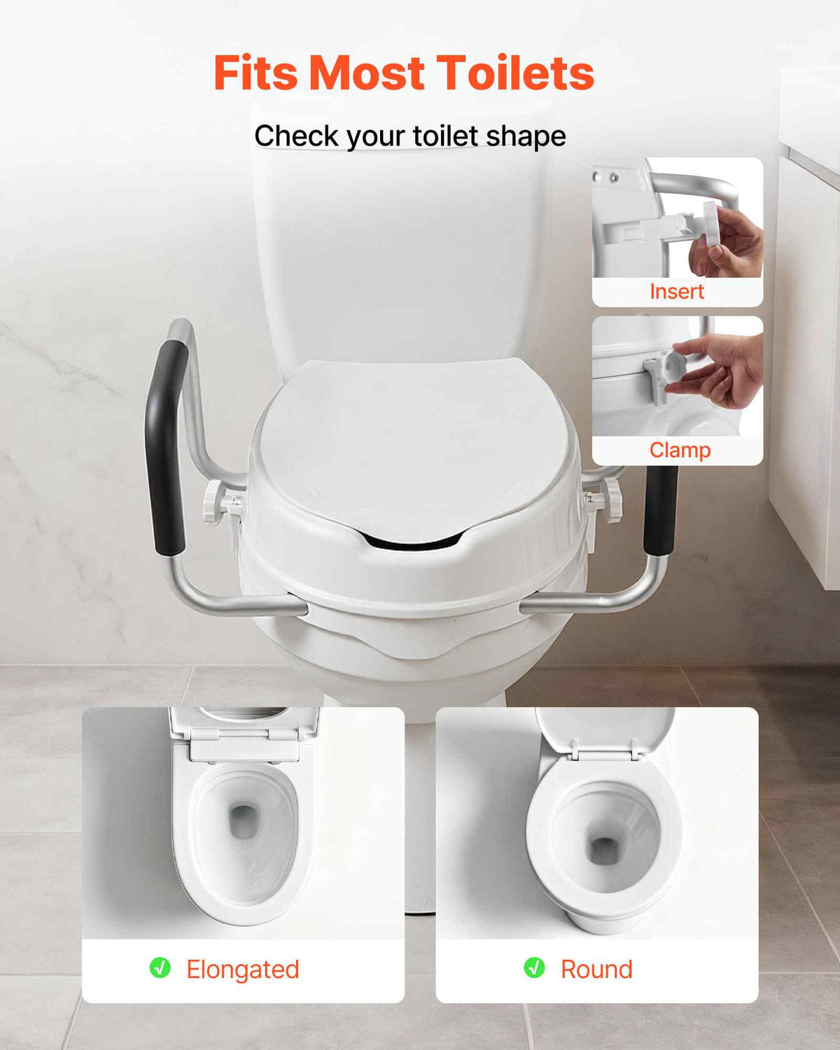 Raised Toilet Seat with Arms, 300 lbs Load Capacity, 4-Inch Lift Height, Widened Commode Elevated Toilet Seat Riser with Padded Handles for Seniors, Elderly, Handicap, Disabled, and Adults Use