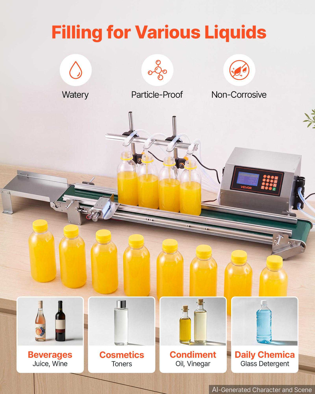 Automatic Liquid Filling Machine, 4 Nozzles with Conveyor Bottle Filler, for Water and Oil, 10-500 g Recommend, Premium Stainless Steel Body, Digital Weighing, Adjustable Stand, Easy to Operate
